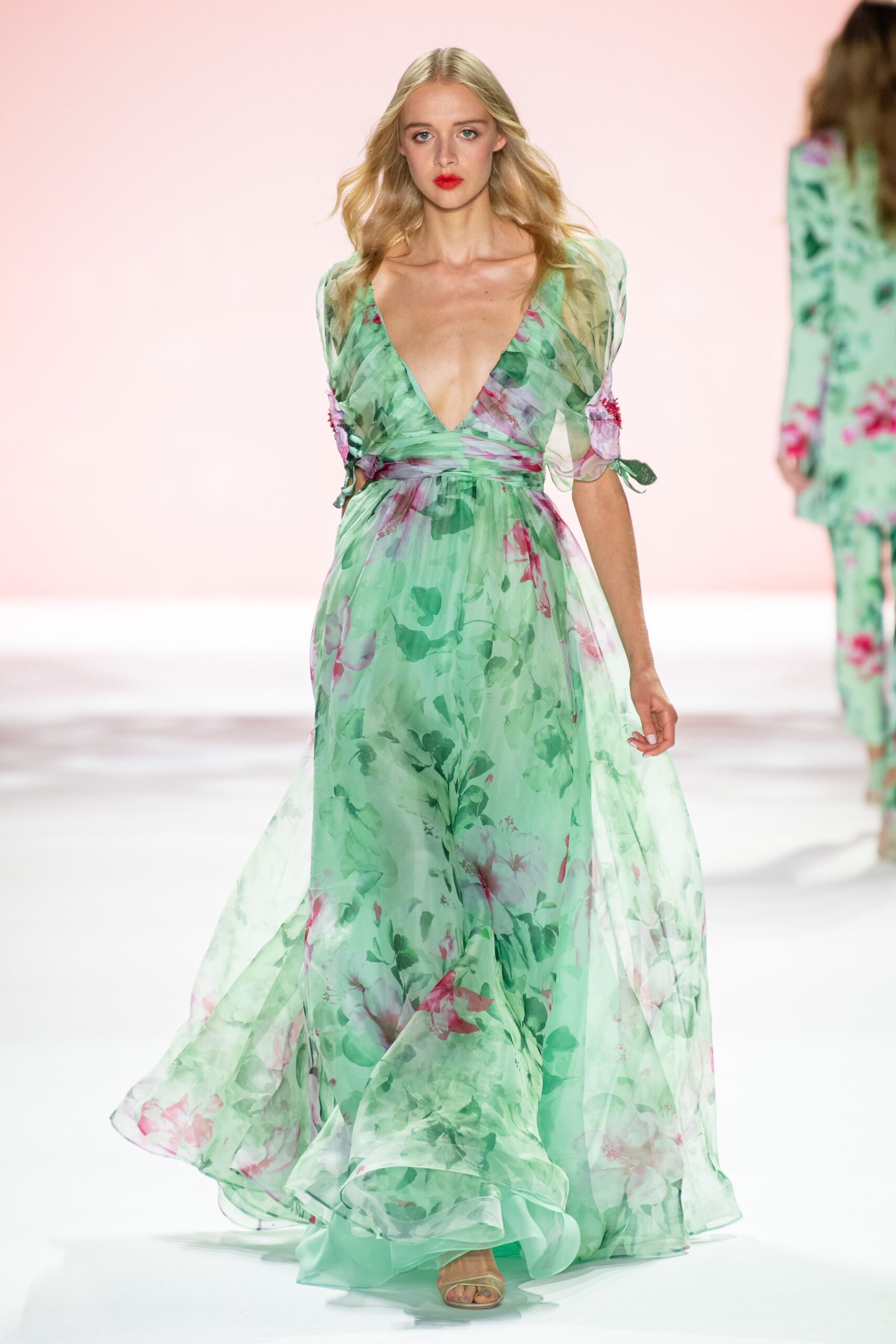green floral chiffon gown