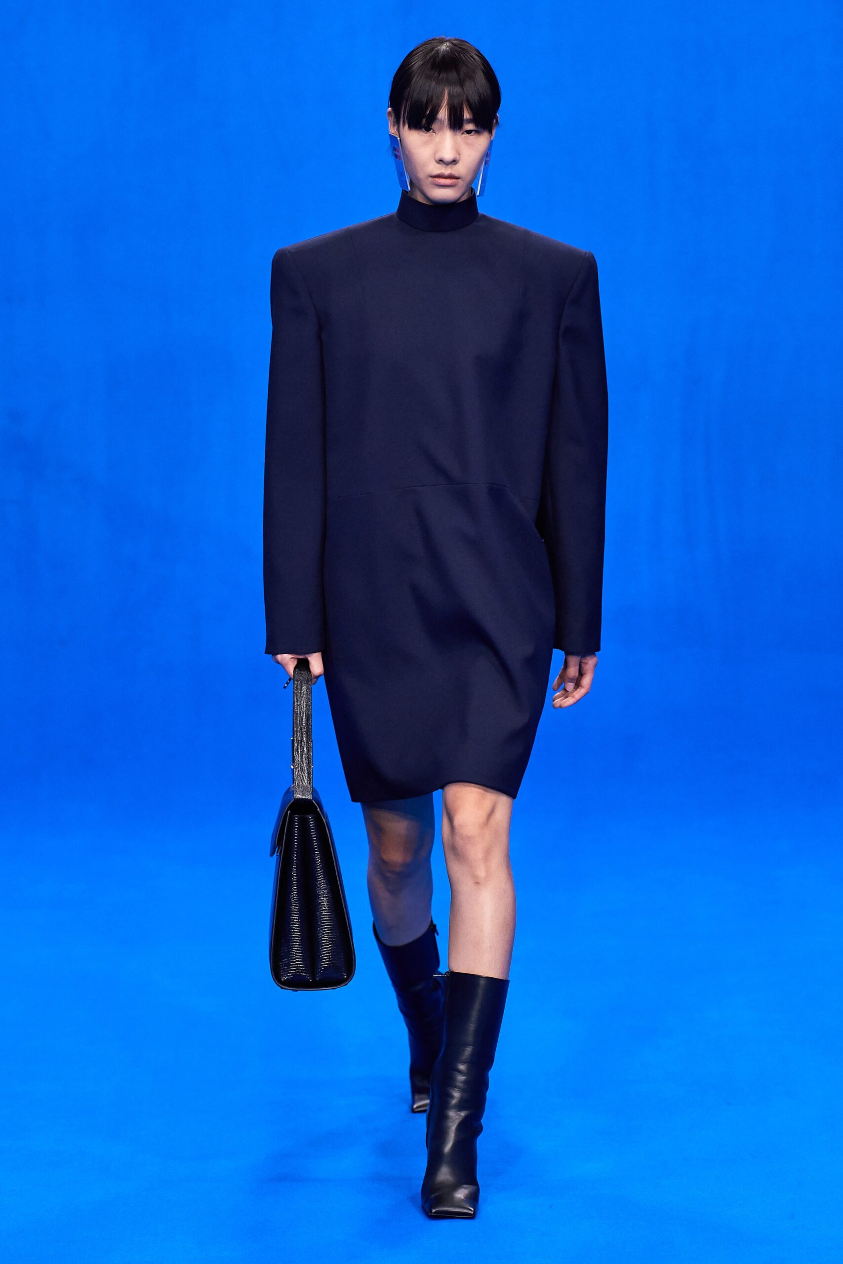 blue fitted mini dress with boots