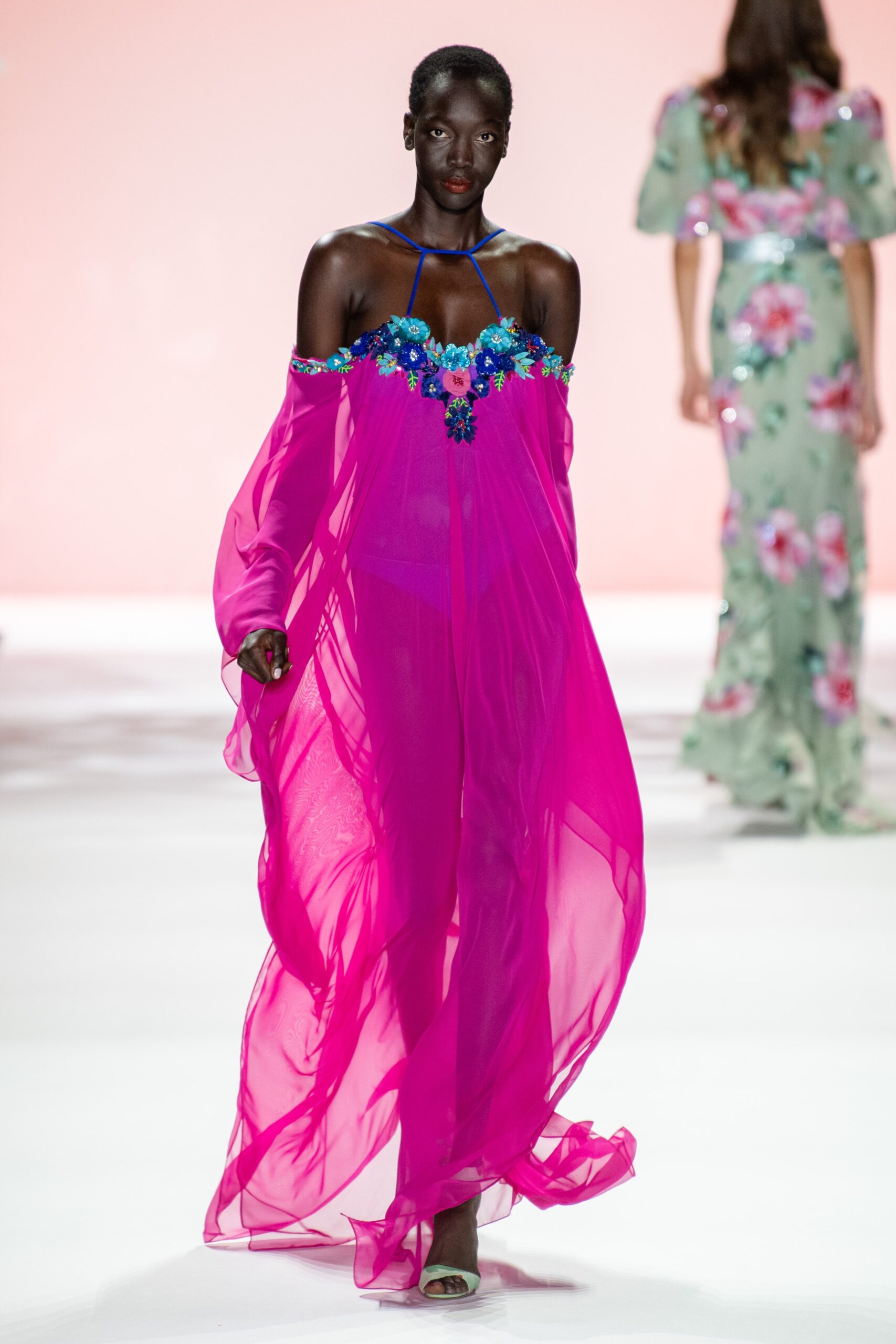 pink chiffon off-shoulder dress