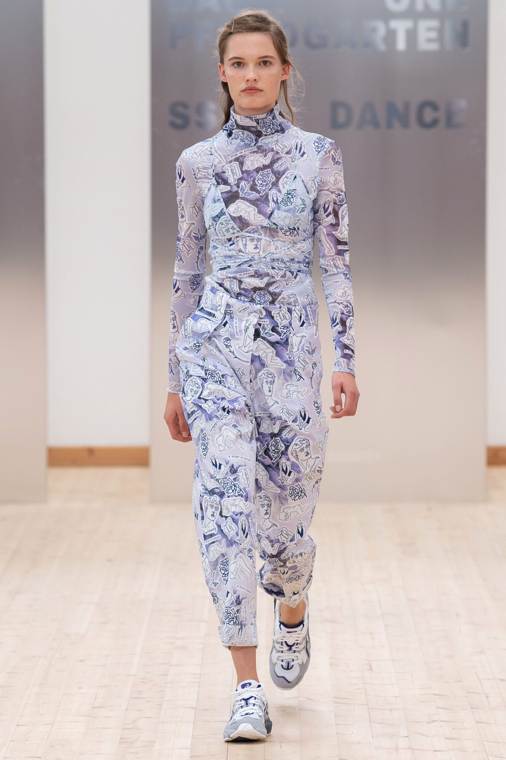 blue and white printed jumpsuit