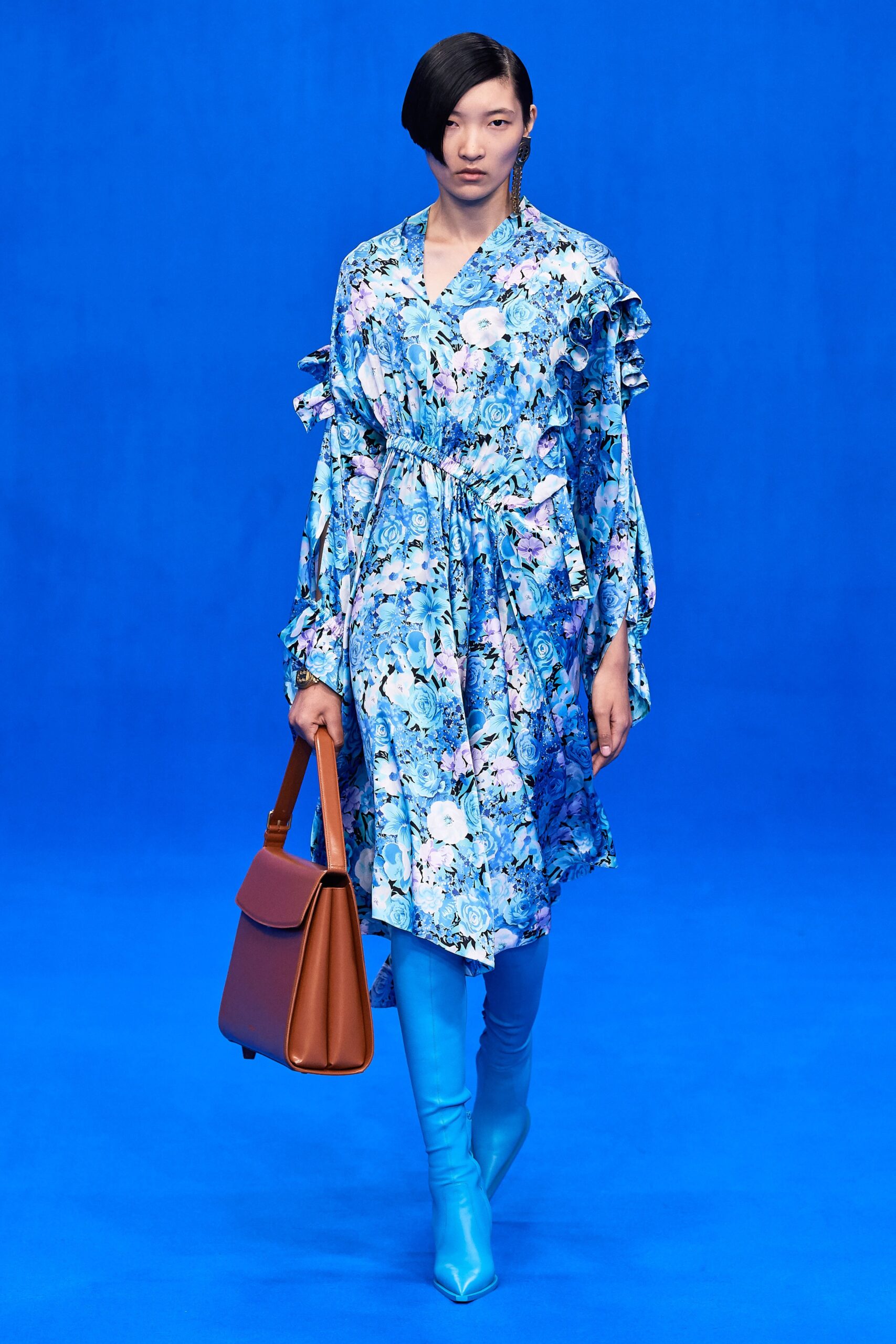blue floral midi dress with boots
