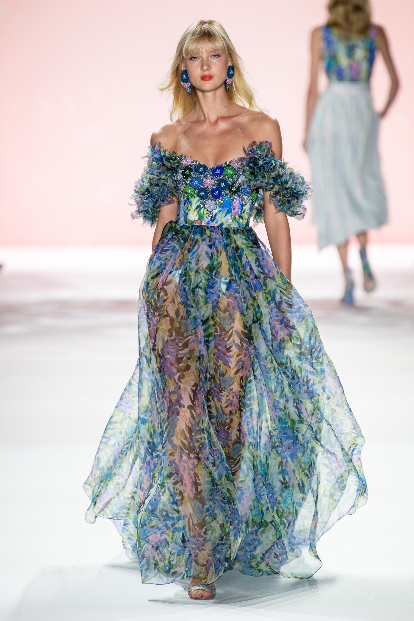 blue green off-shoulder gown