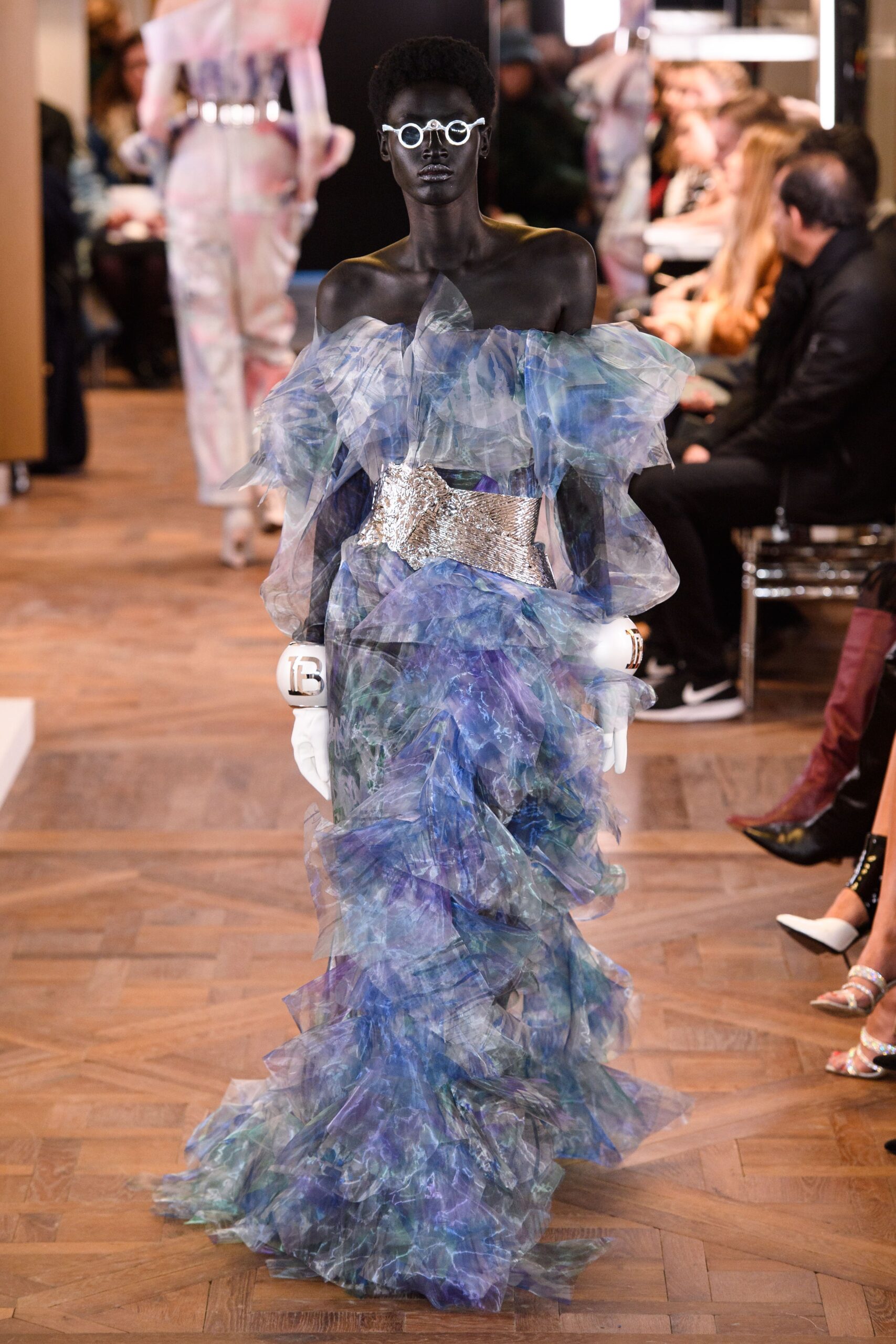 blue purple ruffled gown