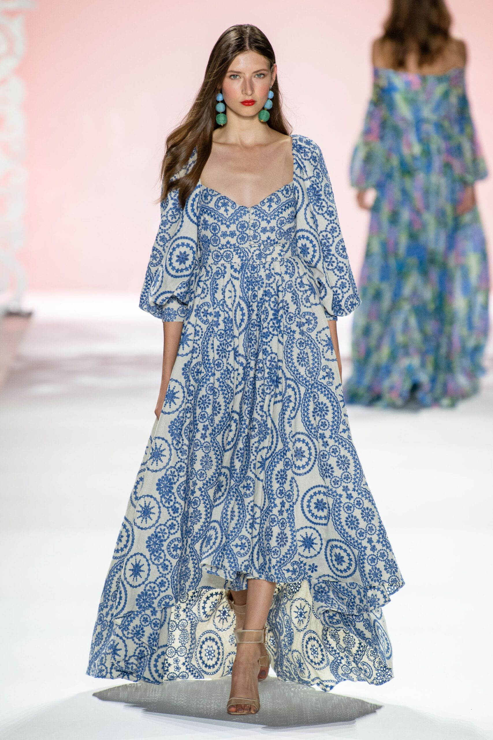 blue and white printed maxi dress