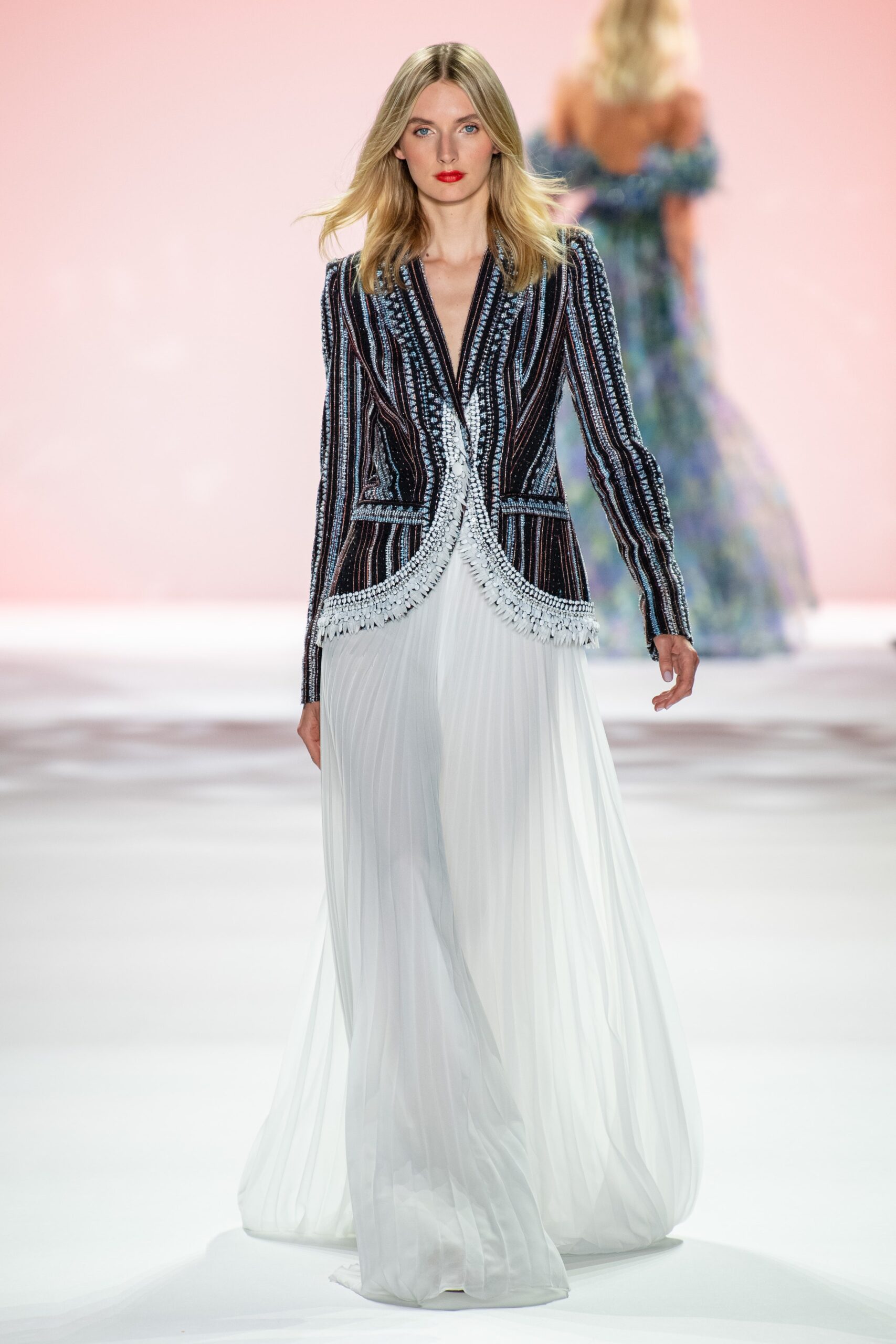 black and white embroidered blazer with white gown