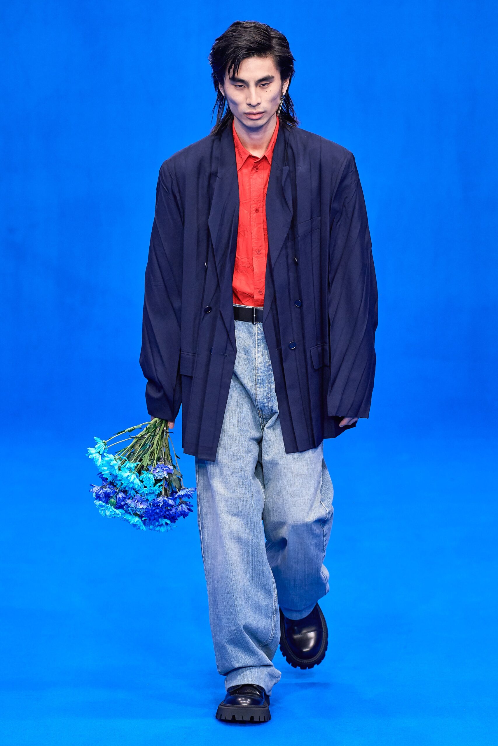 oversized blue jacket with red shirt