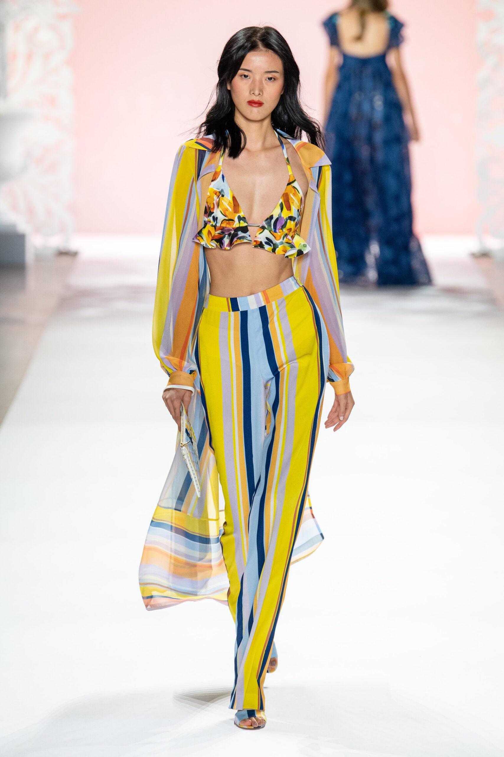 multi-colored floral top with striped pants