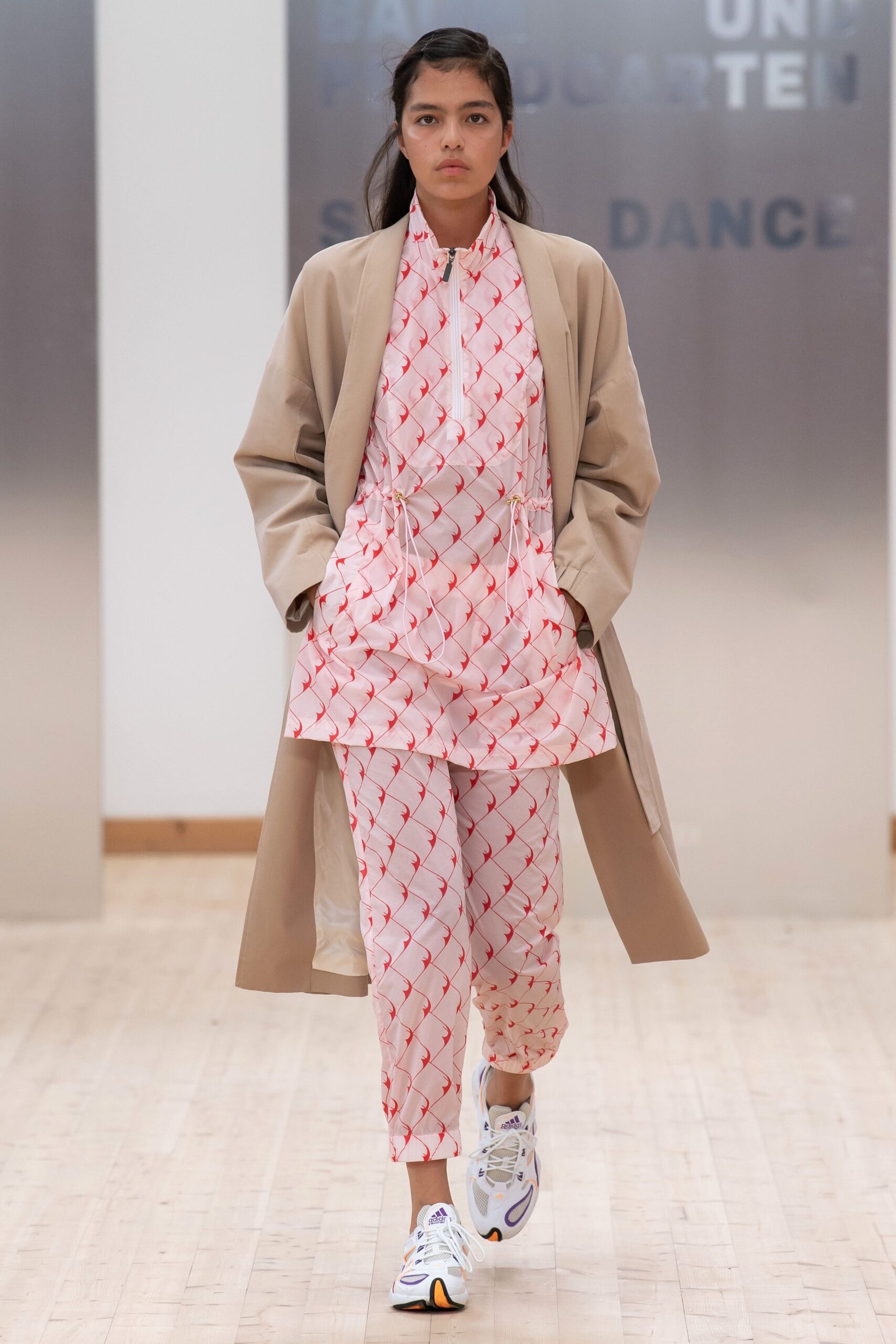 beige coat with printed outfit