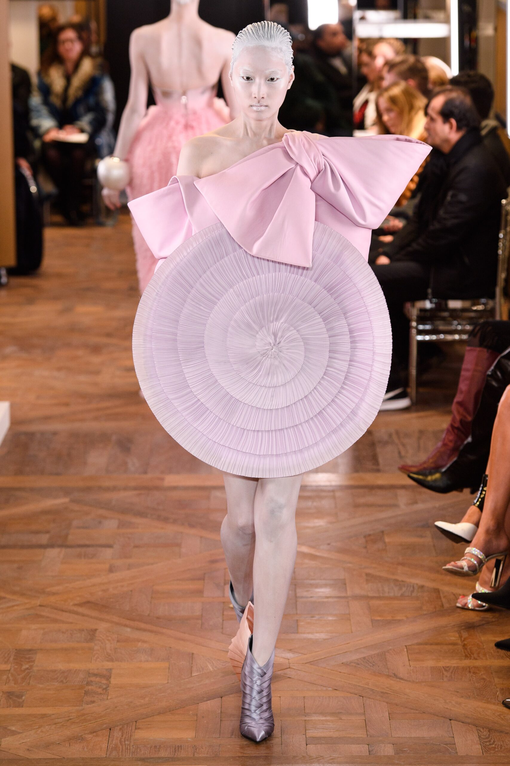 pink pleated off-shoulder dress