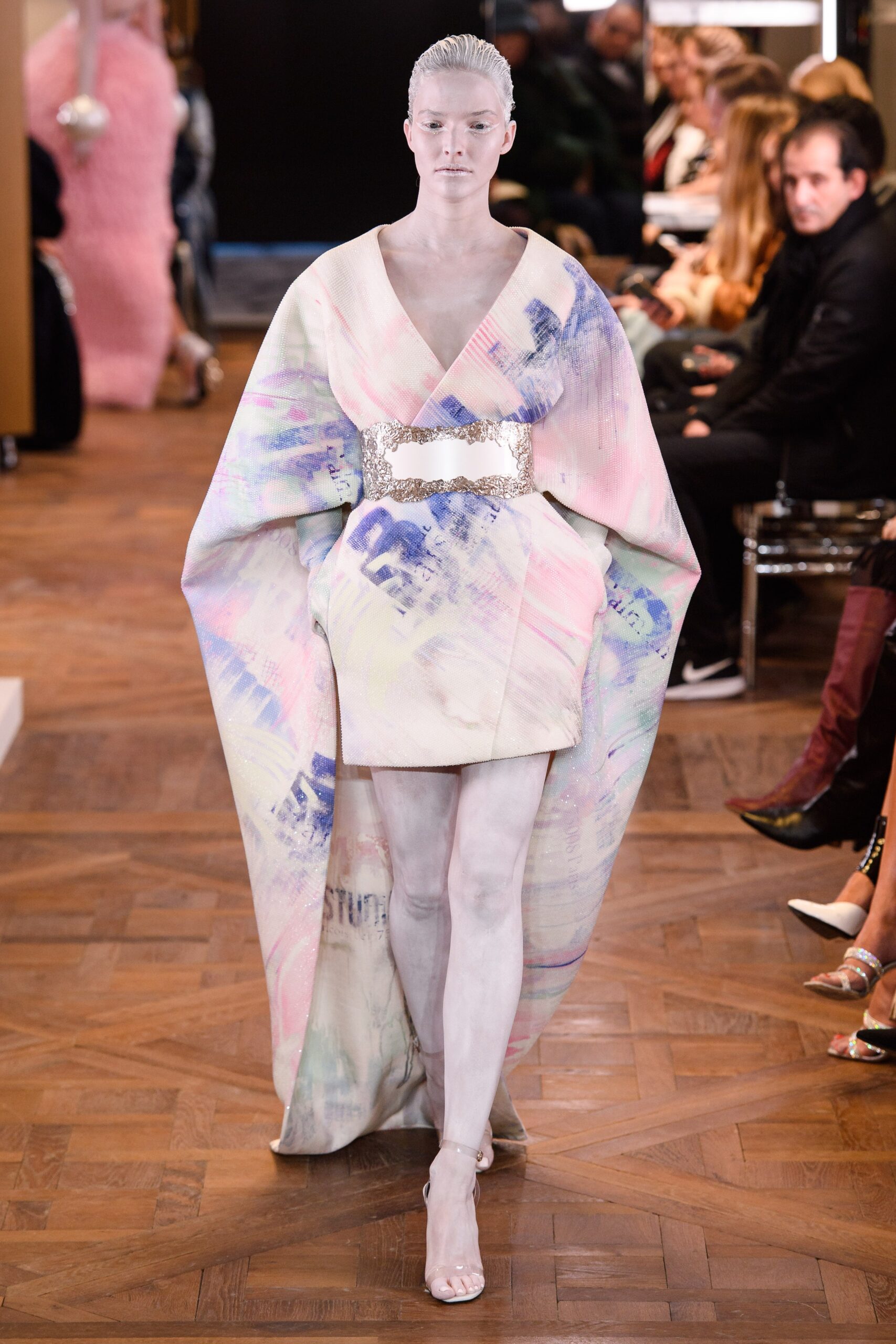 multi-colored silk dress with cape