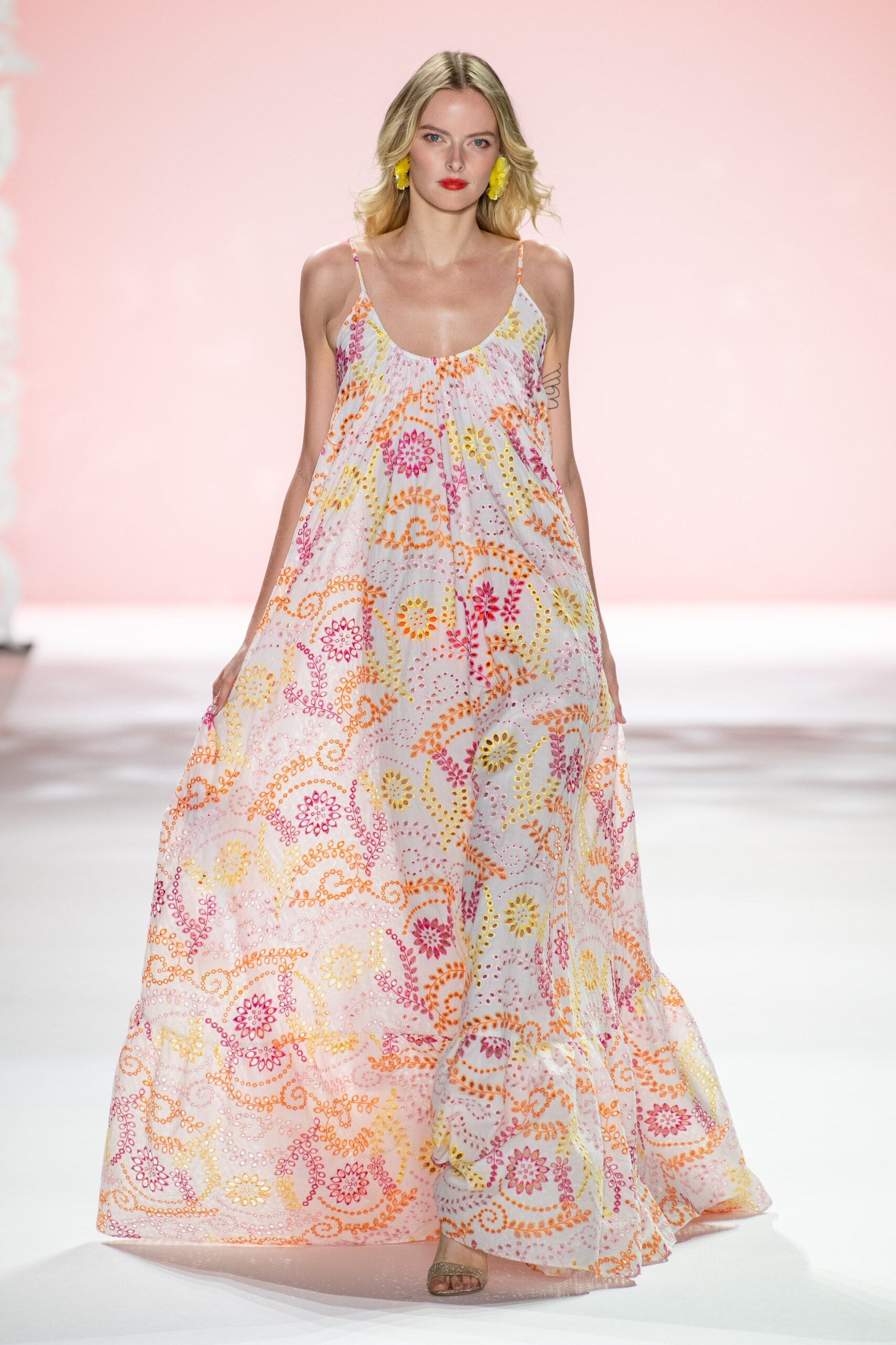 pink and yellow tiered maxi dress