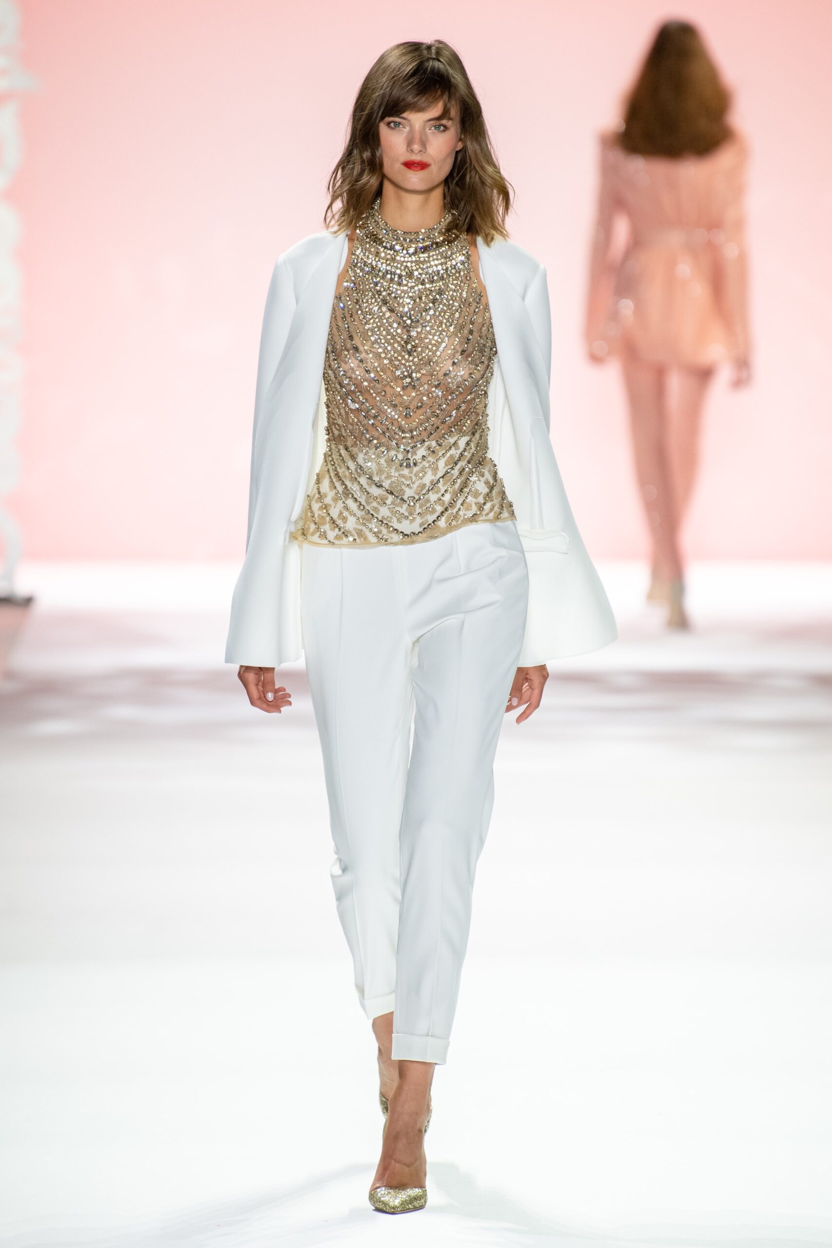 white tailored blazer with gold top