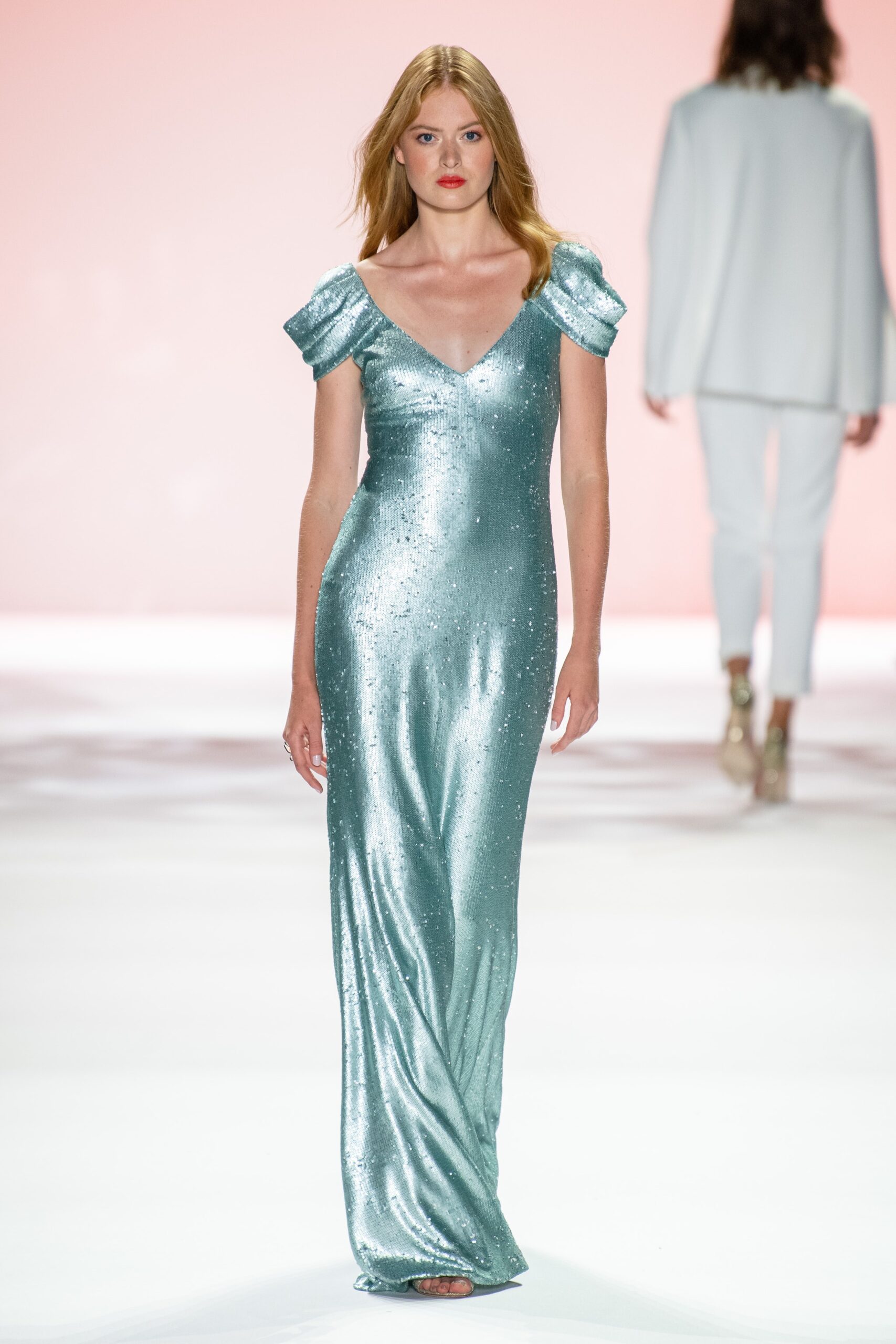 blue satin sequined gown