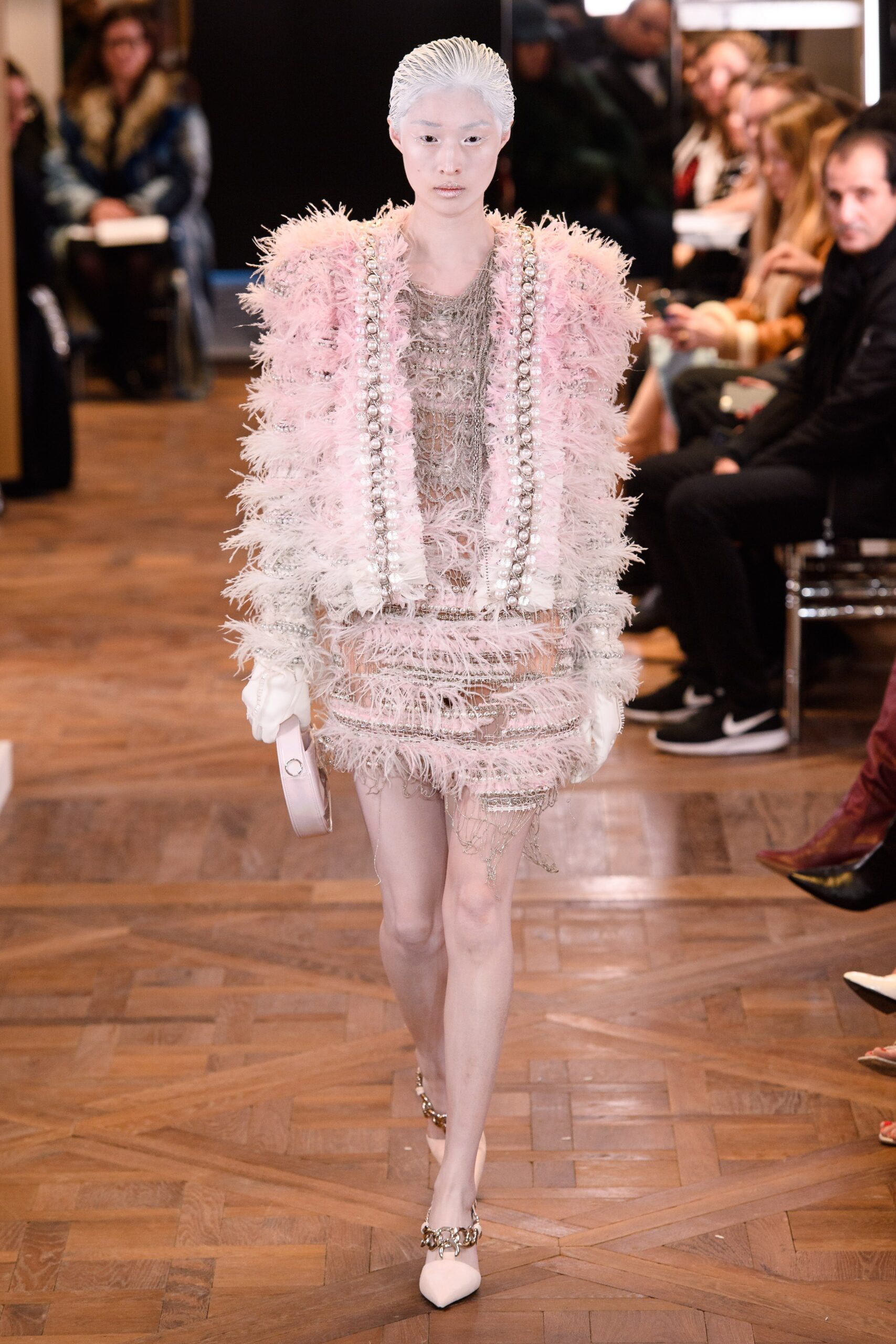 pink feathered mini dress with jacket