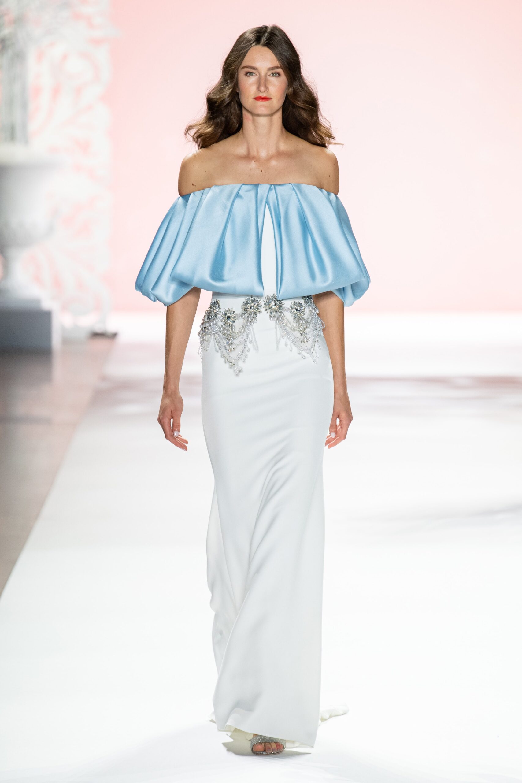 white silk off-shoulder gown