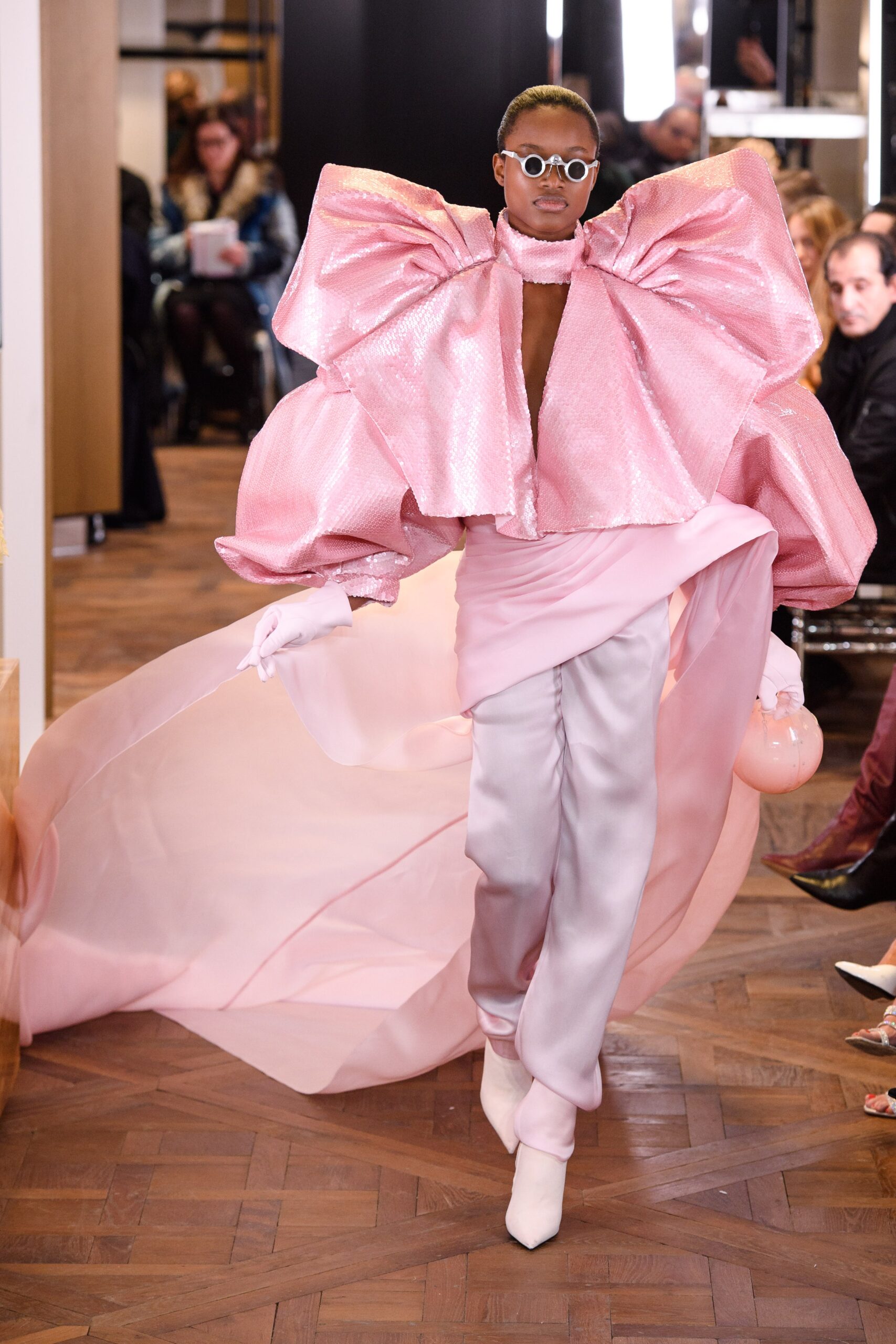 pink silk gown with flowing pants