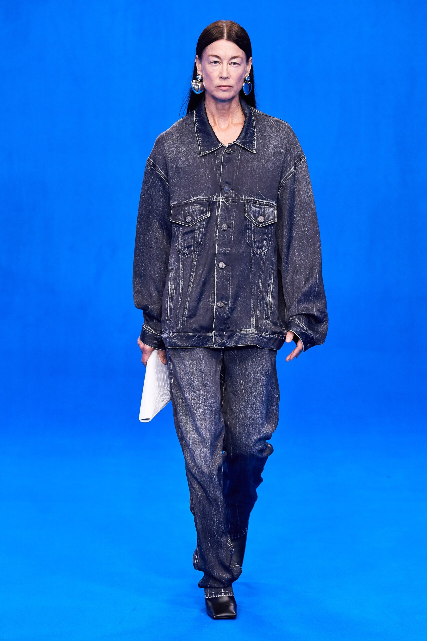 blue denim oversized jacket and relaxed pants