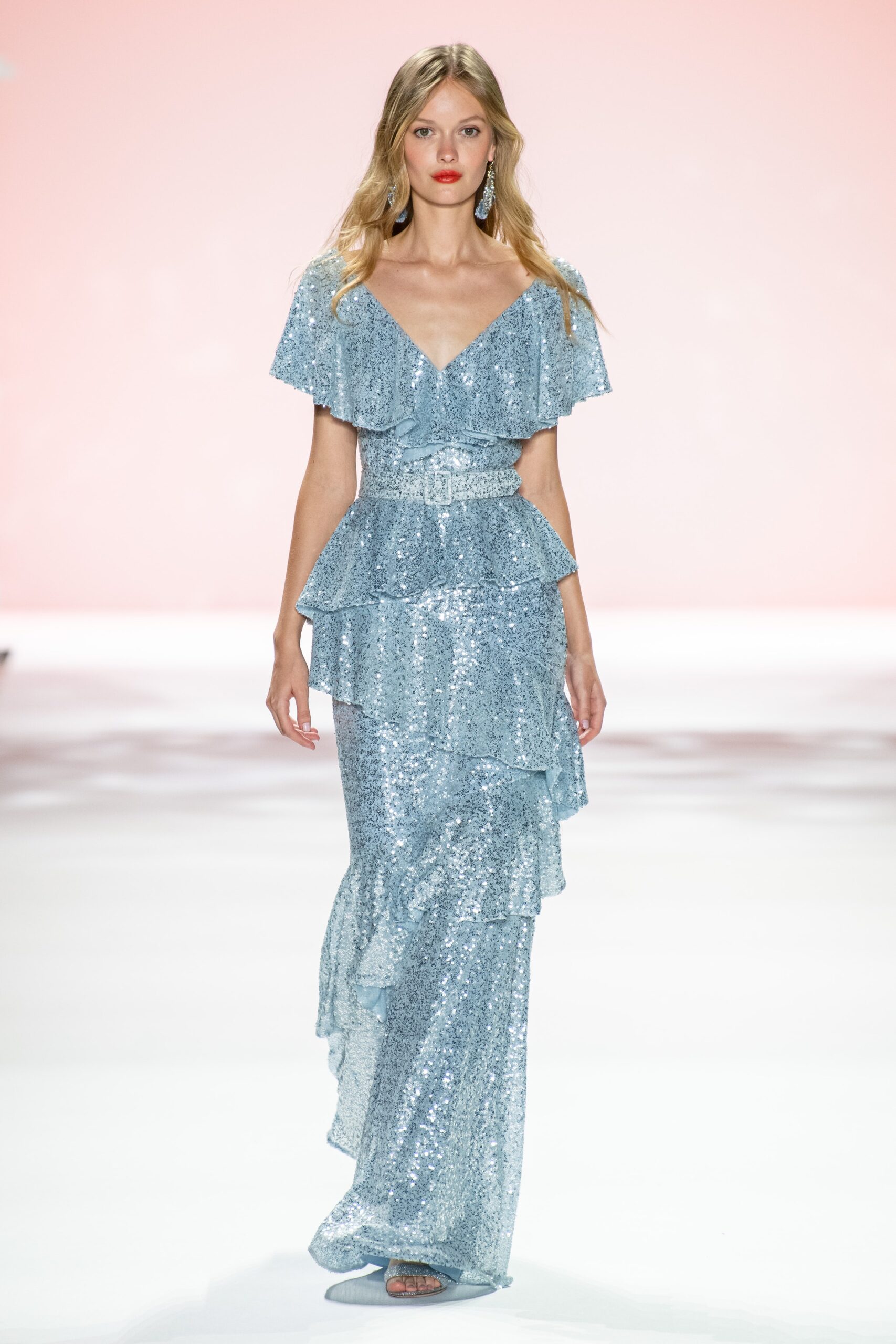 blue sequin ruffled gown