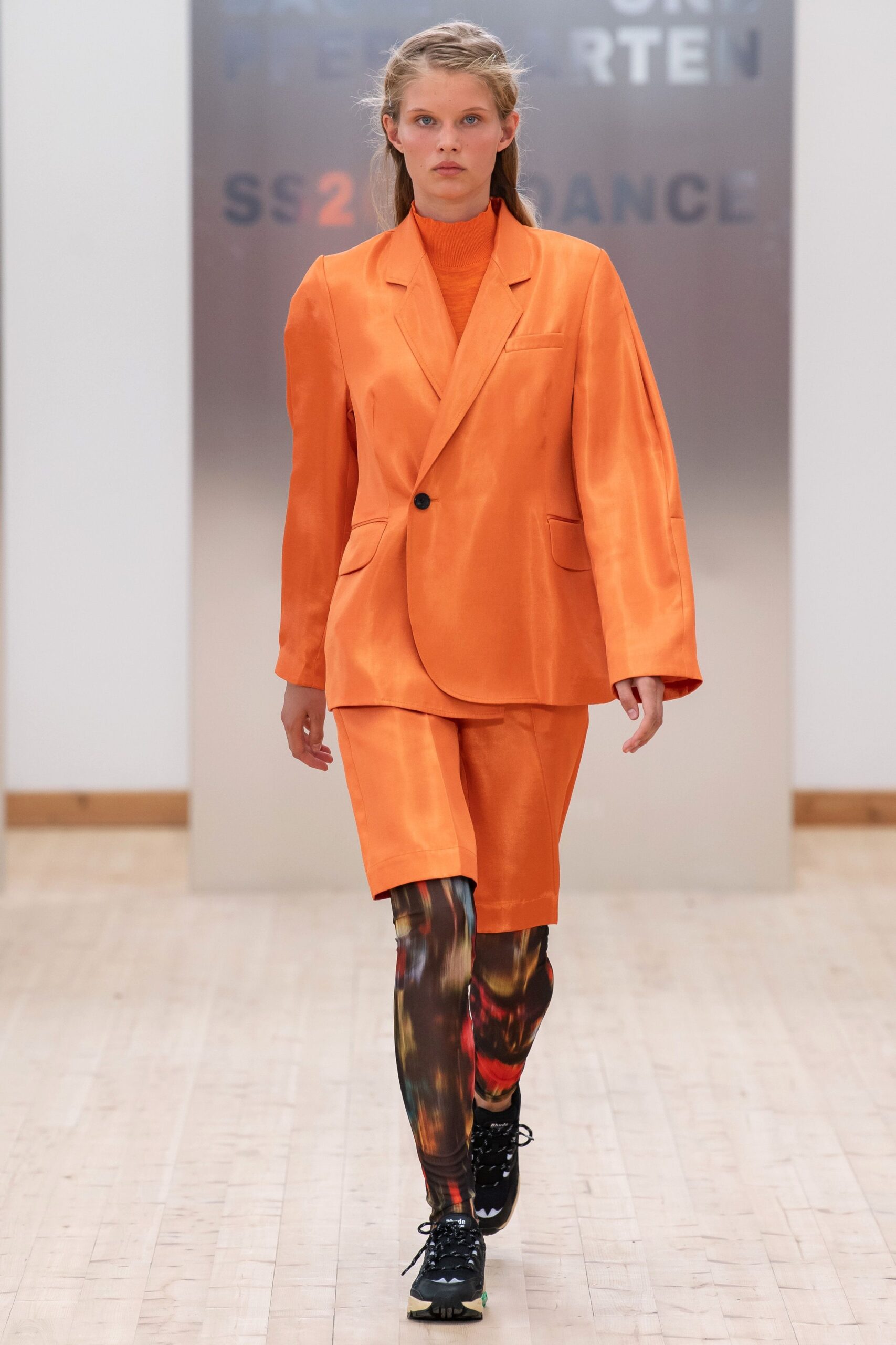 orange oversized blazer with shorts