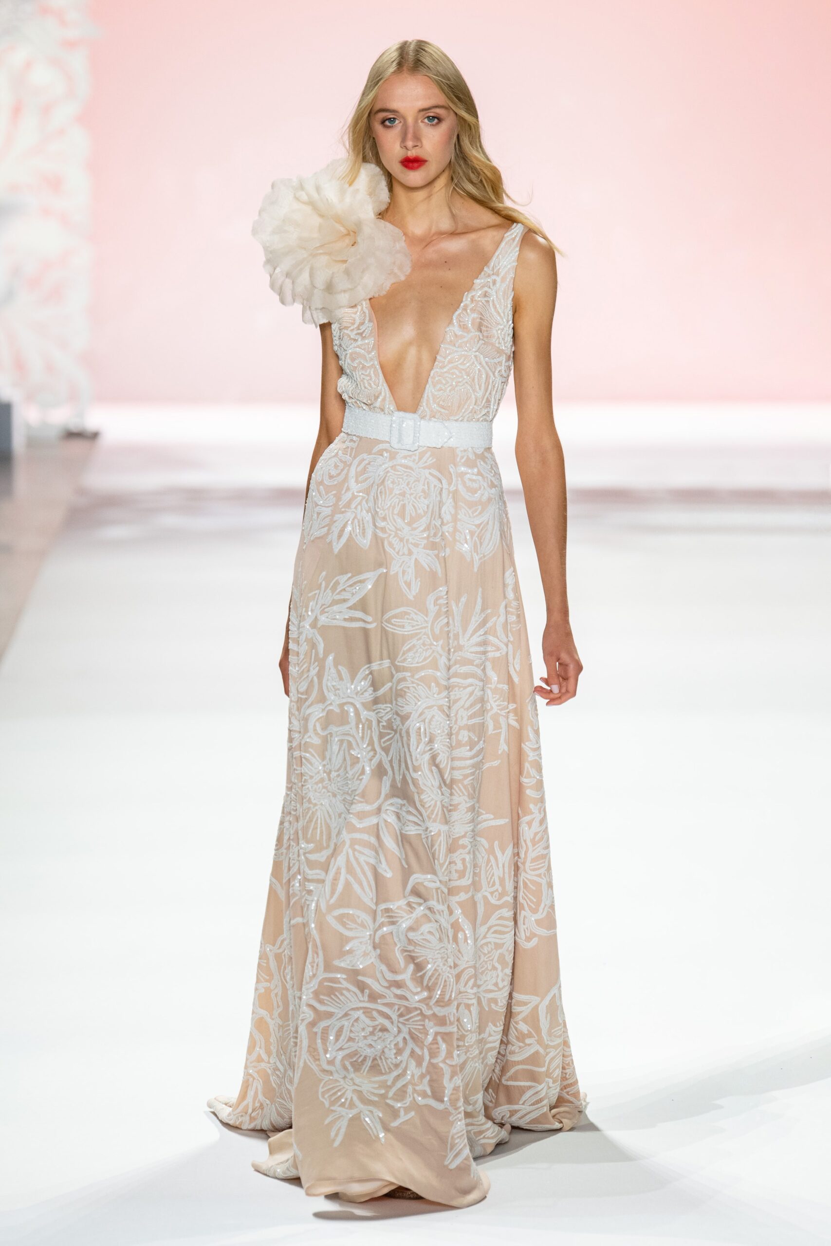 beige embroidered sleeveless gown