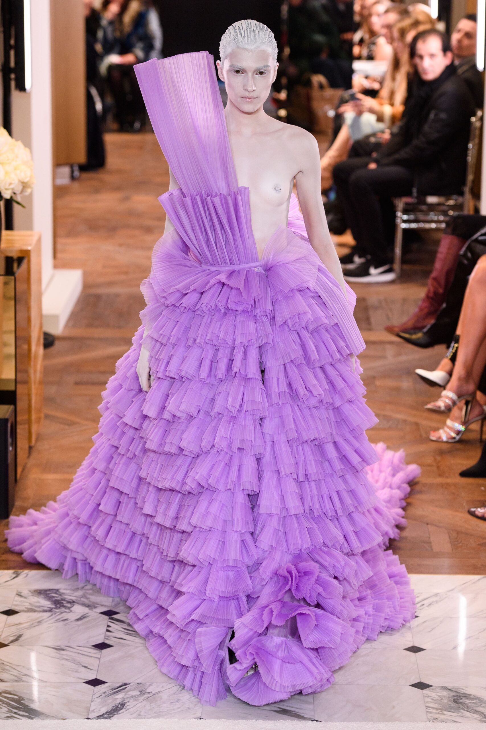 purple pleated asymmetric gown