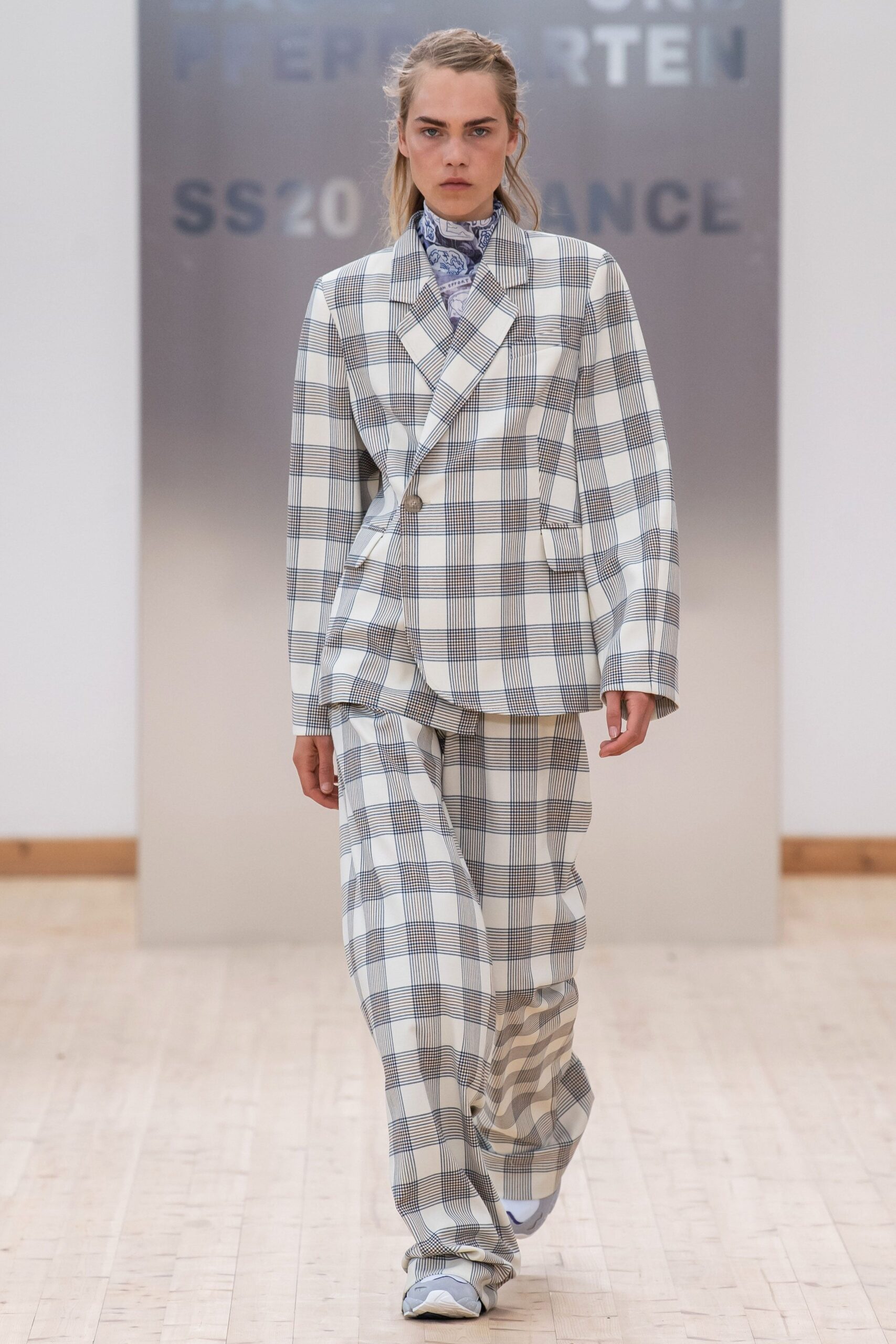 checked blue and white suit