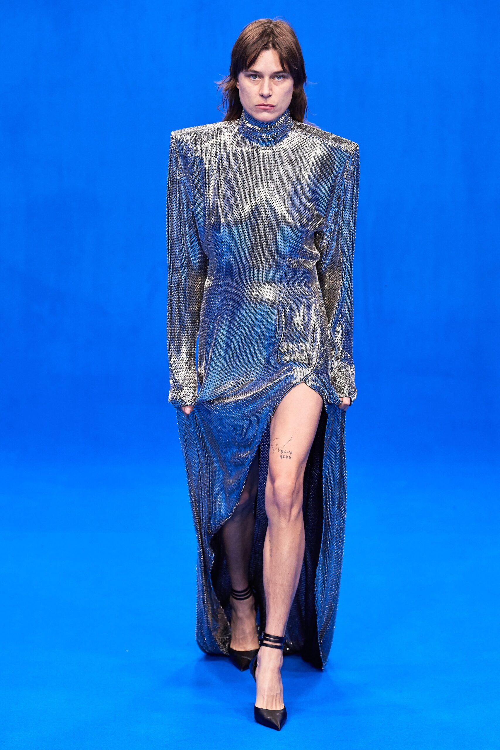 silver metallic fitted gown