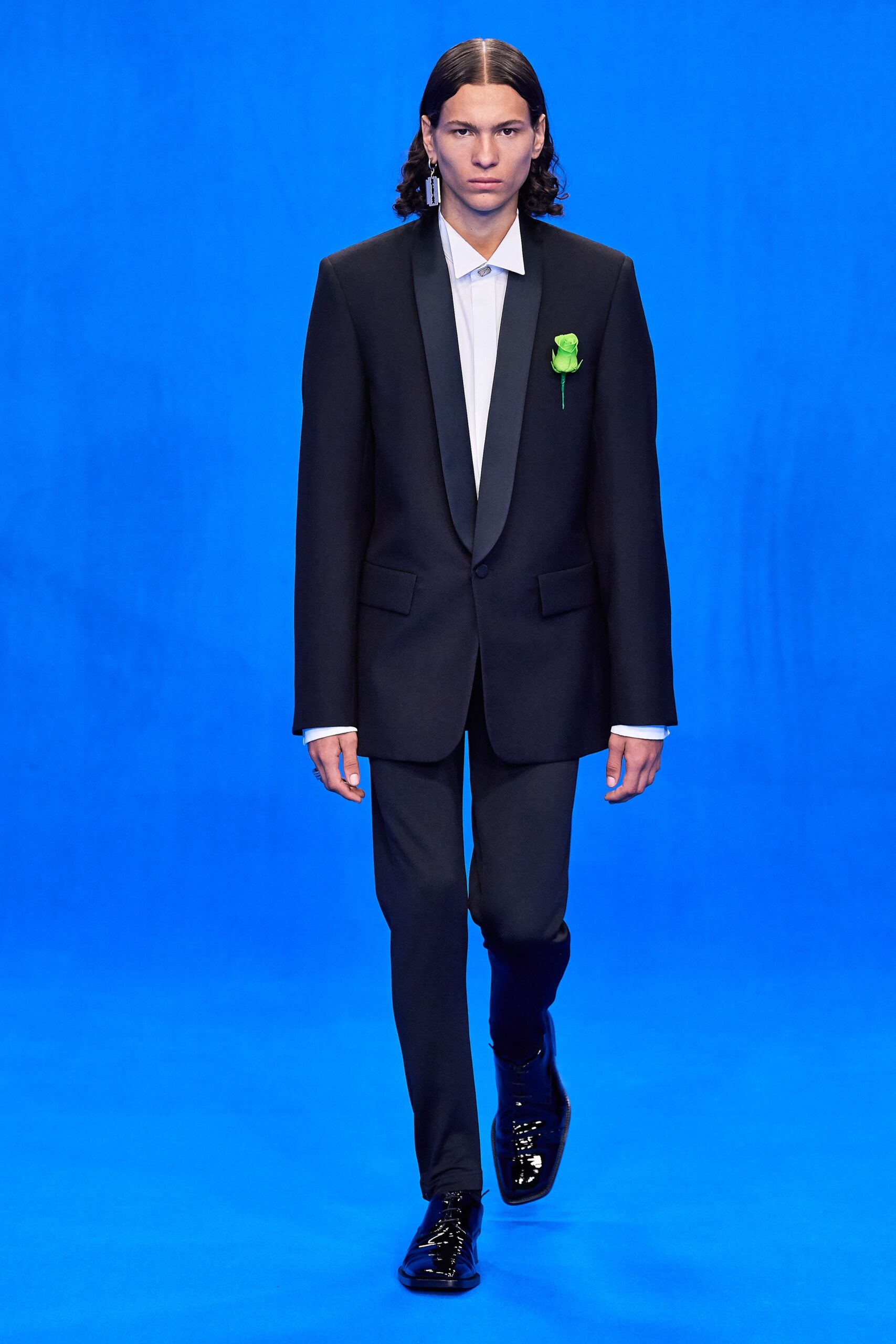 black tailored suit with white shirt