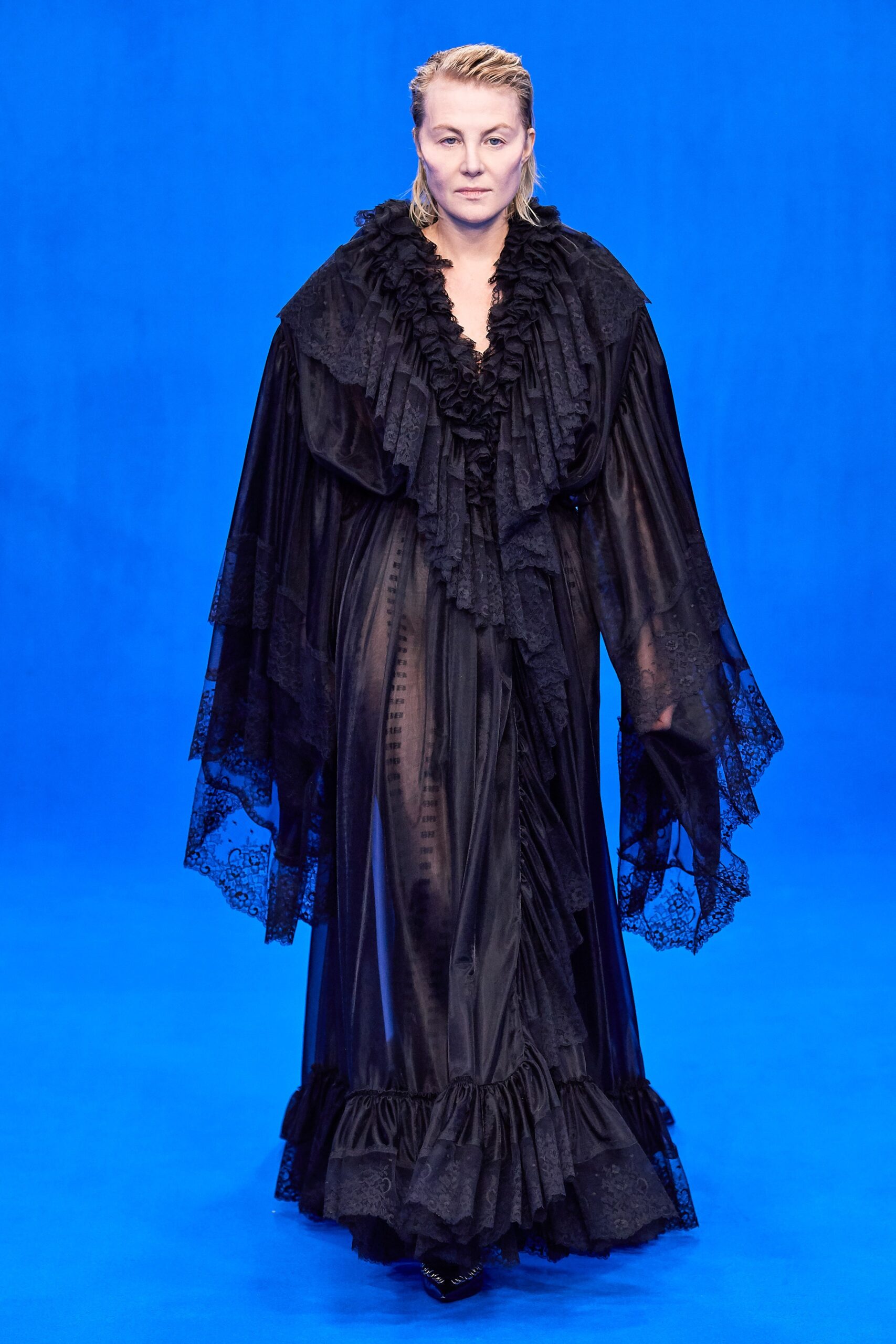 black silk ruffled gown