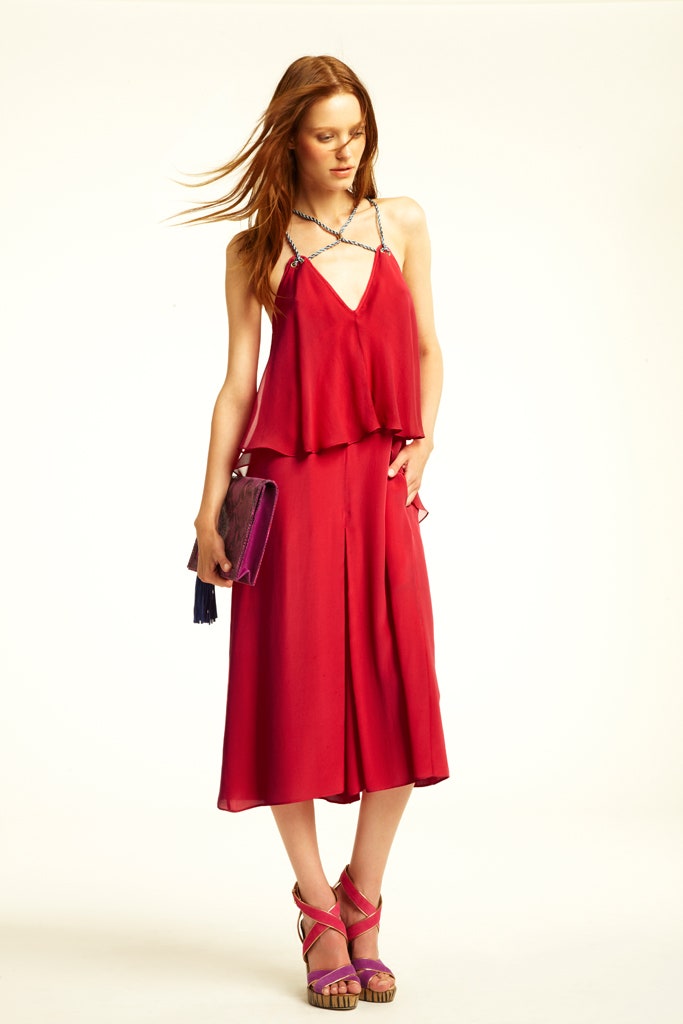 red silk layered top and culottes