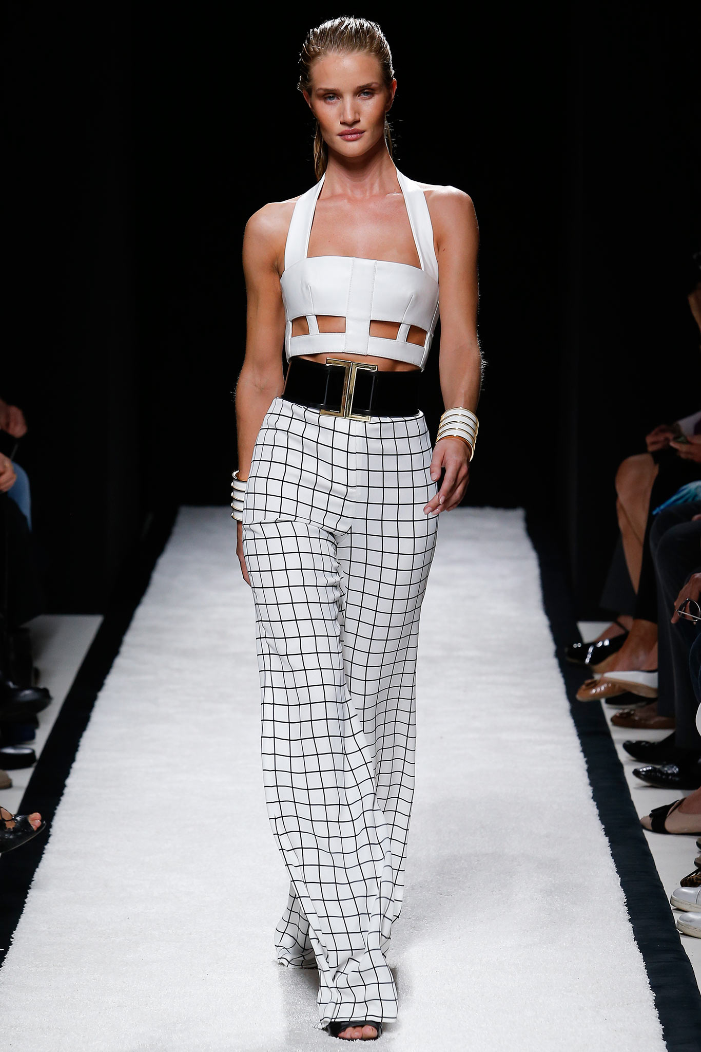 fitted white top with checked pants