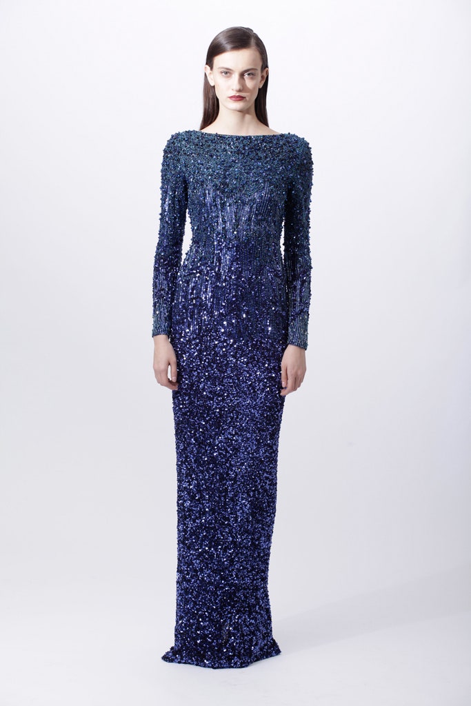 blue sequin long-sleeve gown
