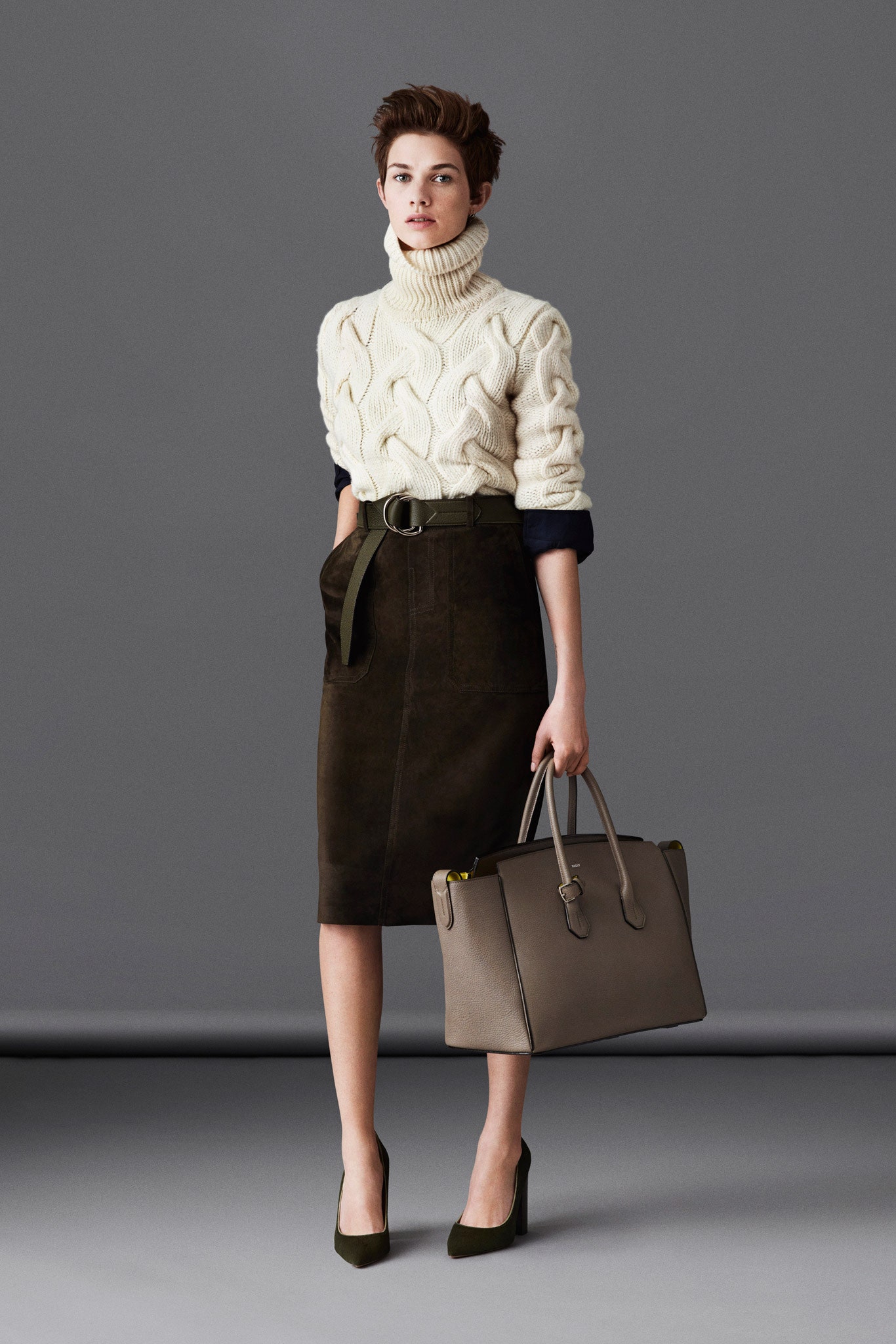 white wool turtleneck sweater and brown pencil skirt