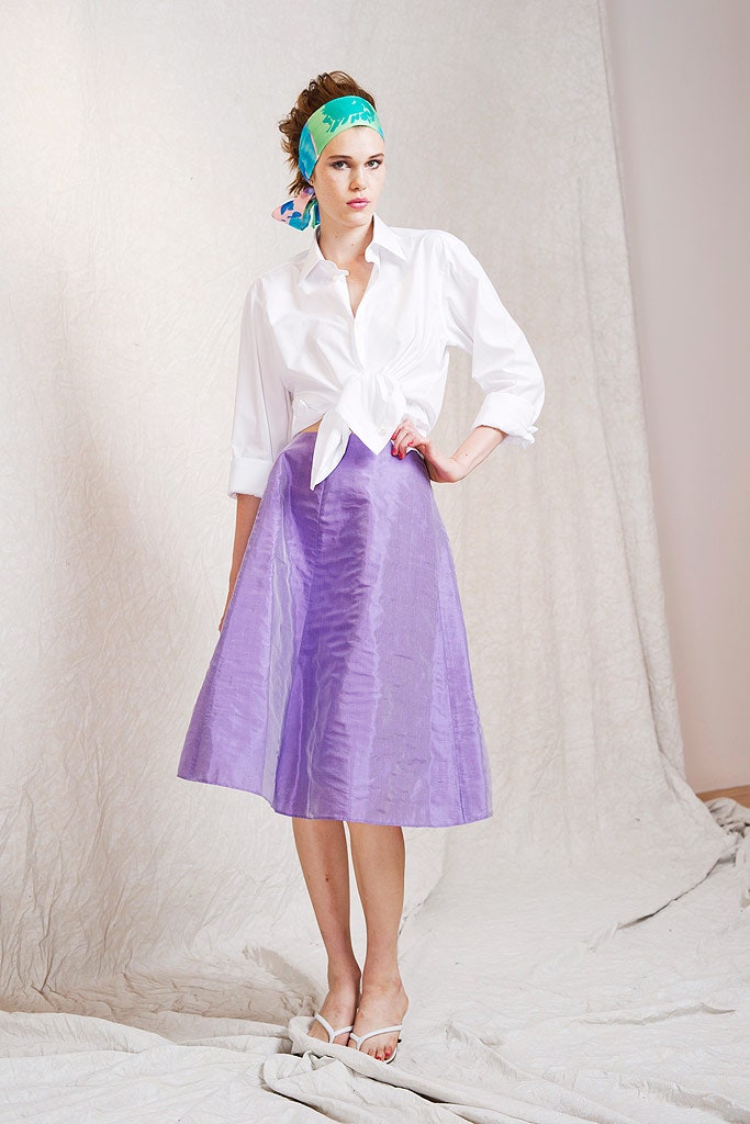 white shirt and purple skirt