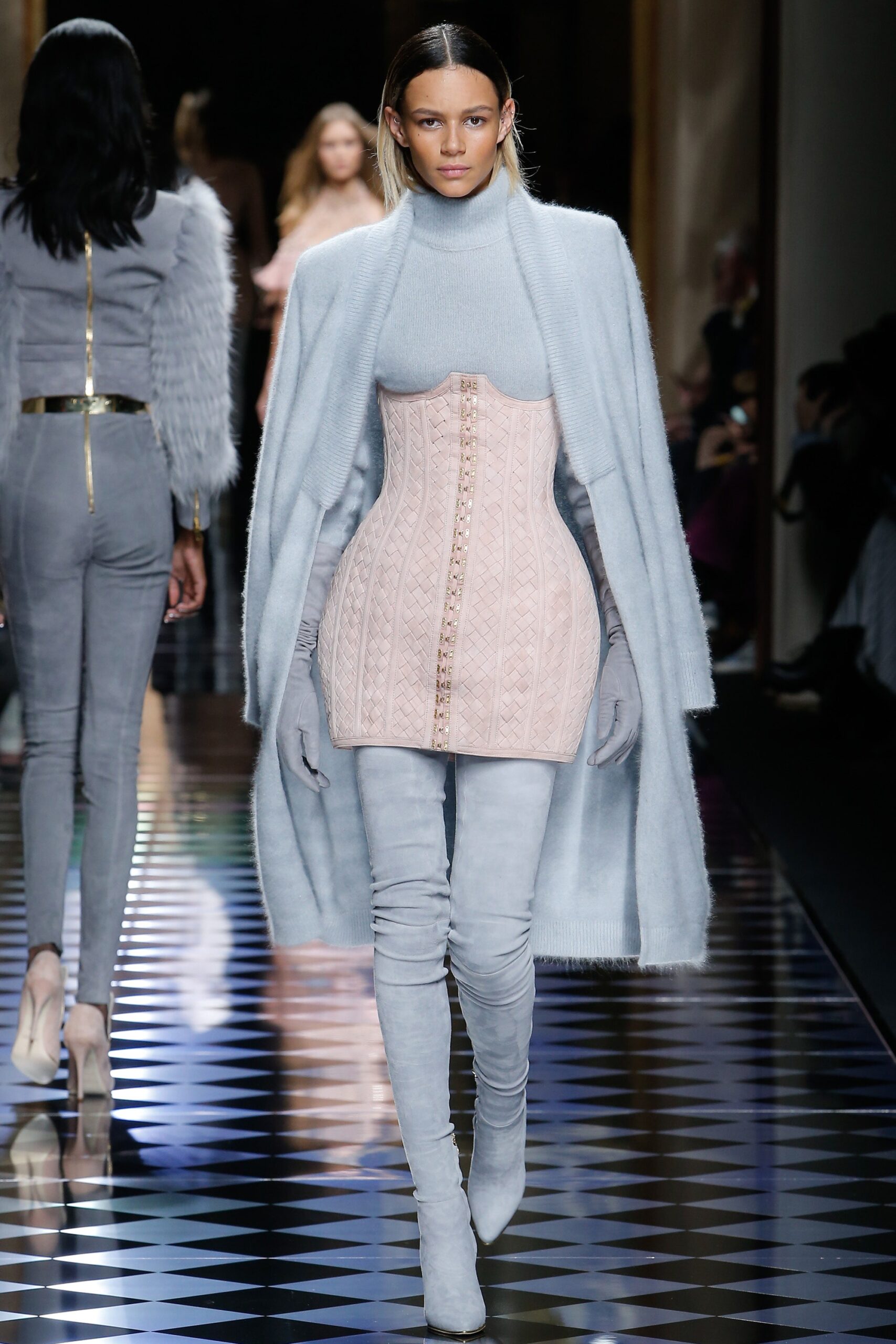 light blue wool cape with pink corset