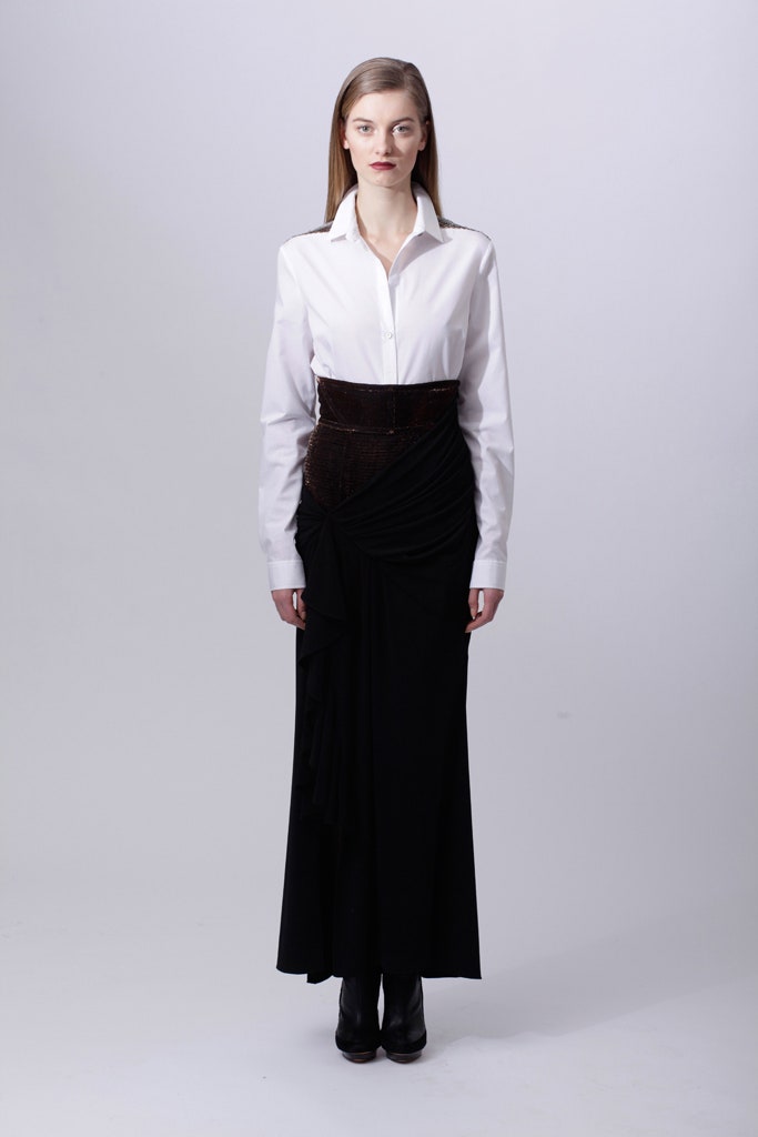 black silk fitted high-waisted draped midi skirt