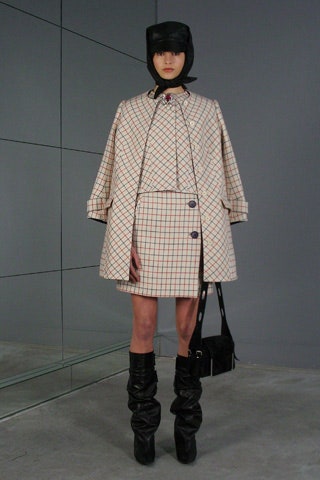 beige checked coat with fitted skirt