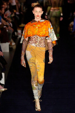 orange silk cape with printed pants