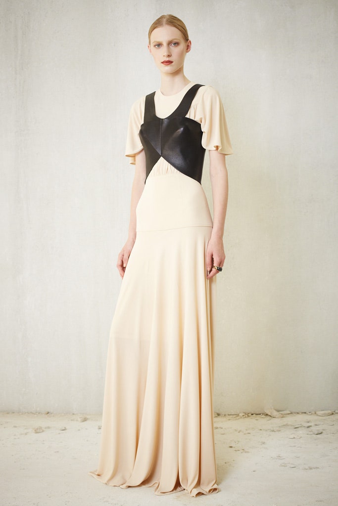 beige silk maxi dress with black leather top