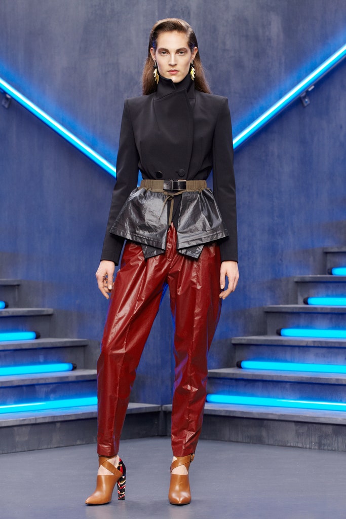 black structured blazer red vinyl pants