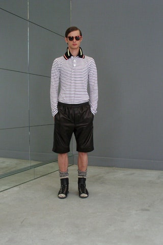 fitted striped shirt with leather shorts
