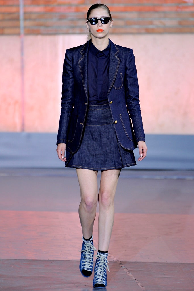 blue denim blazer and skirt