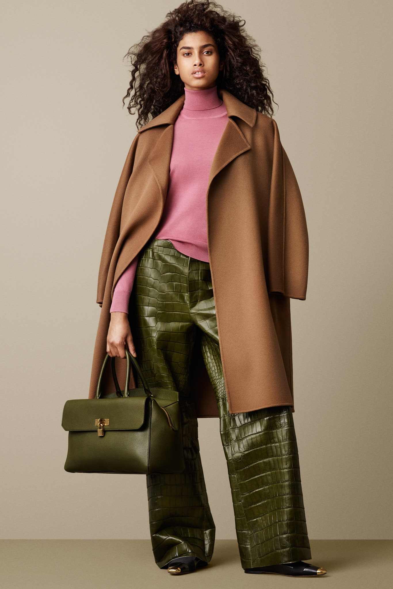 brown wool coat with pink top