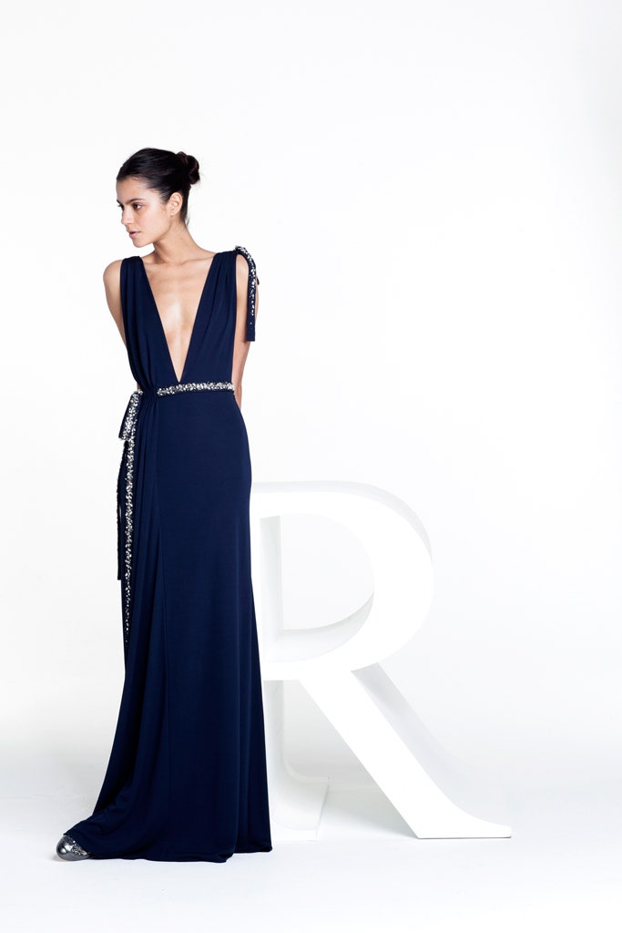 blue silk sleeveless gown