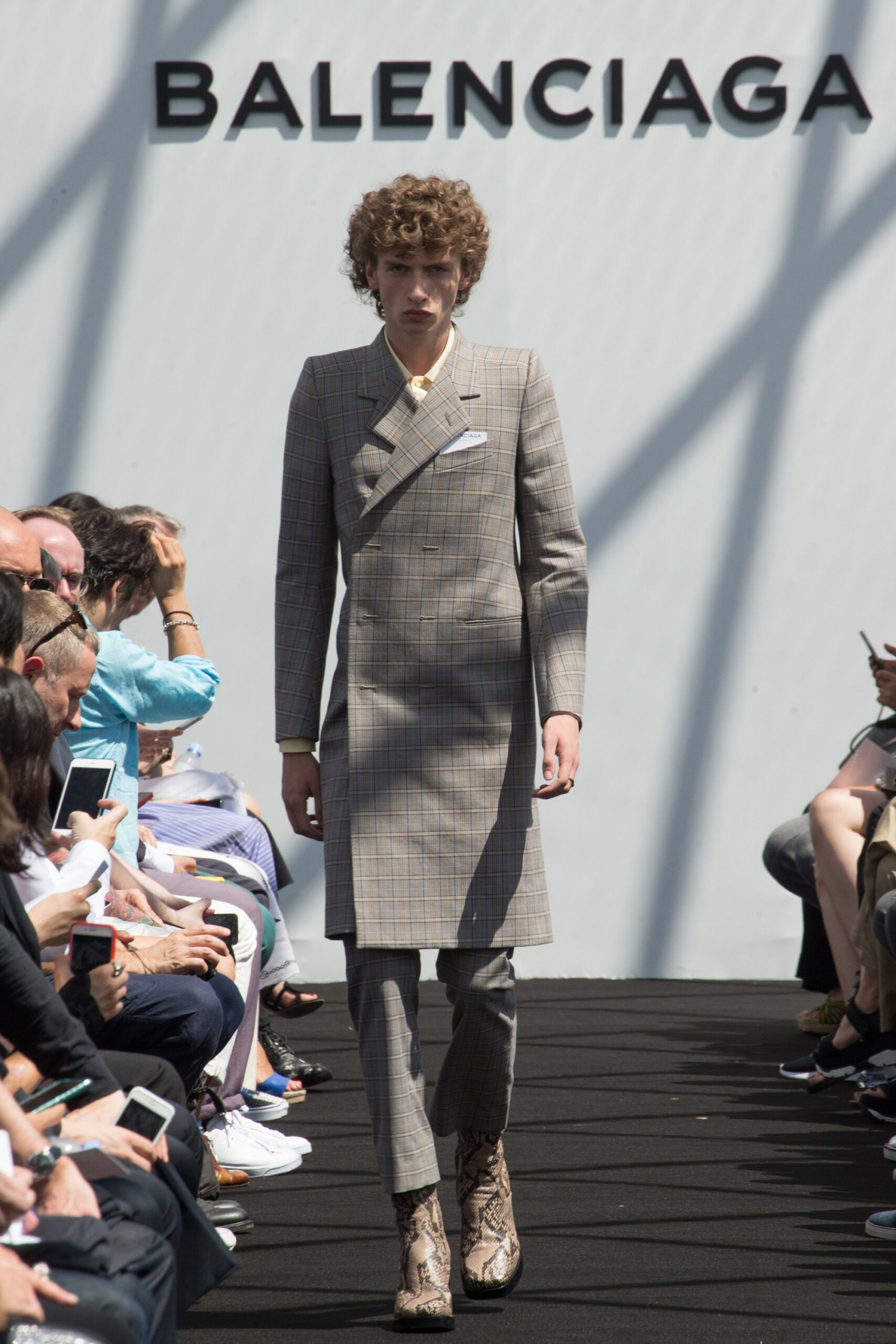 beige checked suit with leather shoes