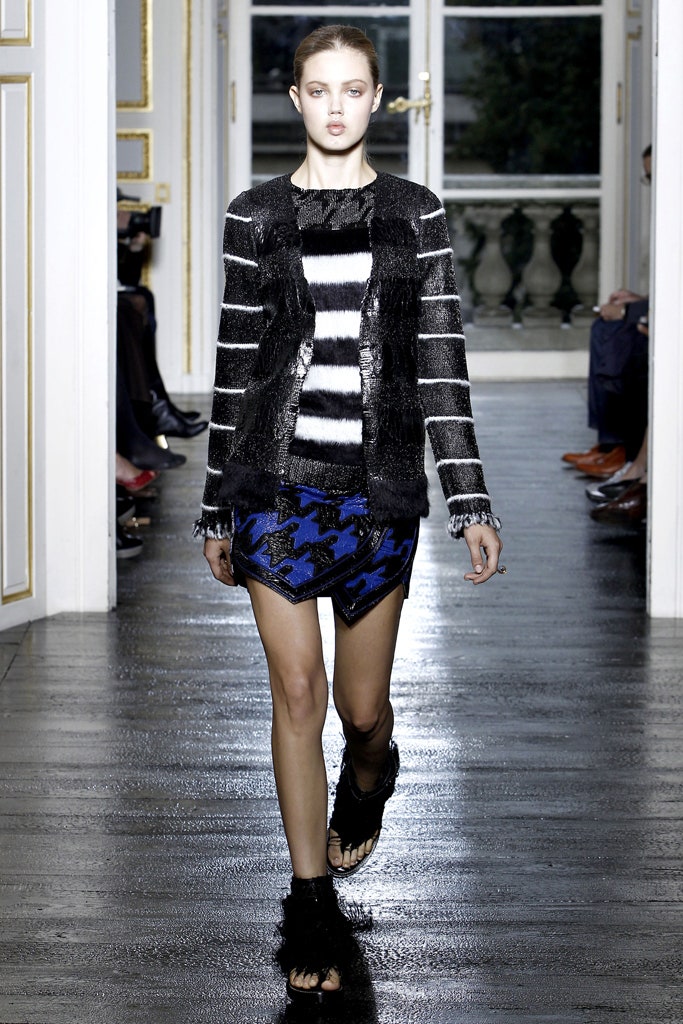 black and white striped top with blue mini skirt
