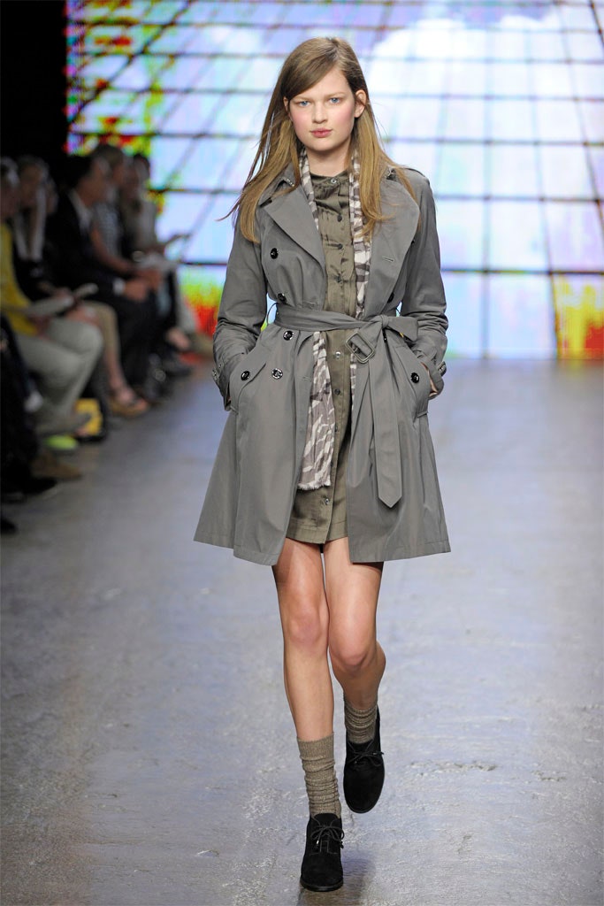 gray trench coat and green dress