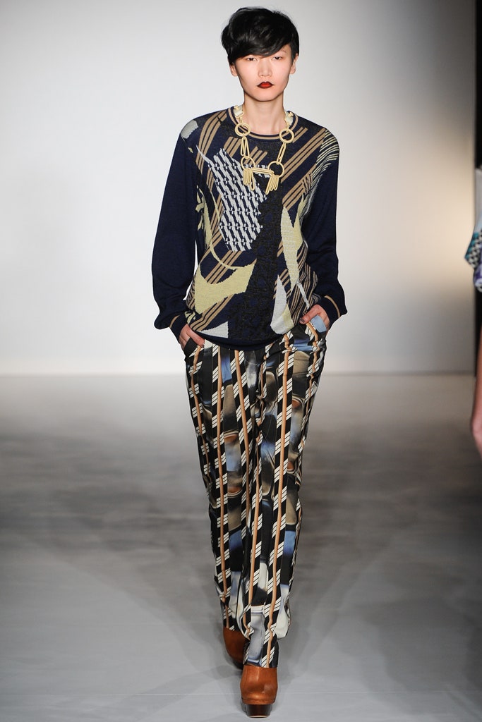 relaxed blue printed sweater with multi pants