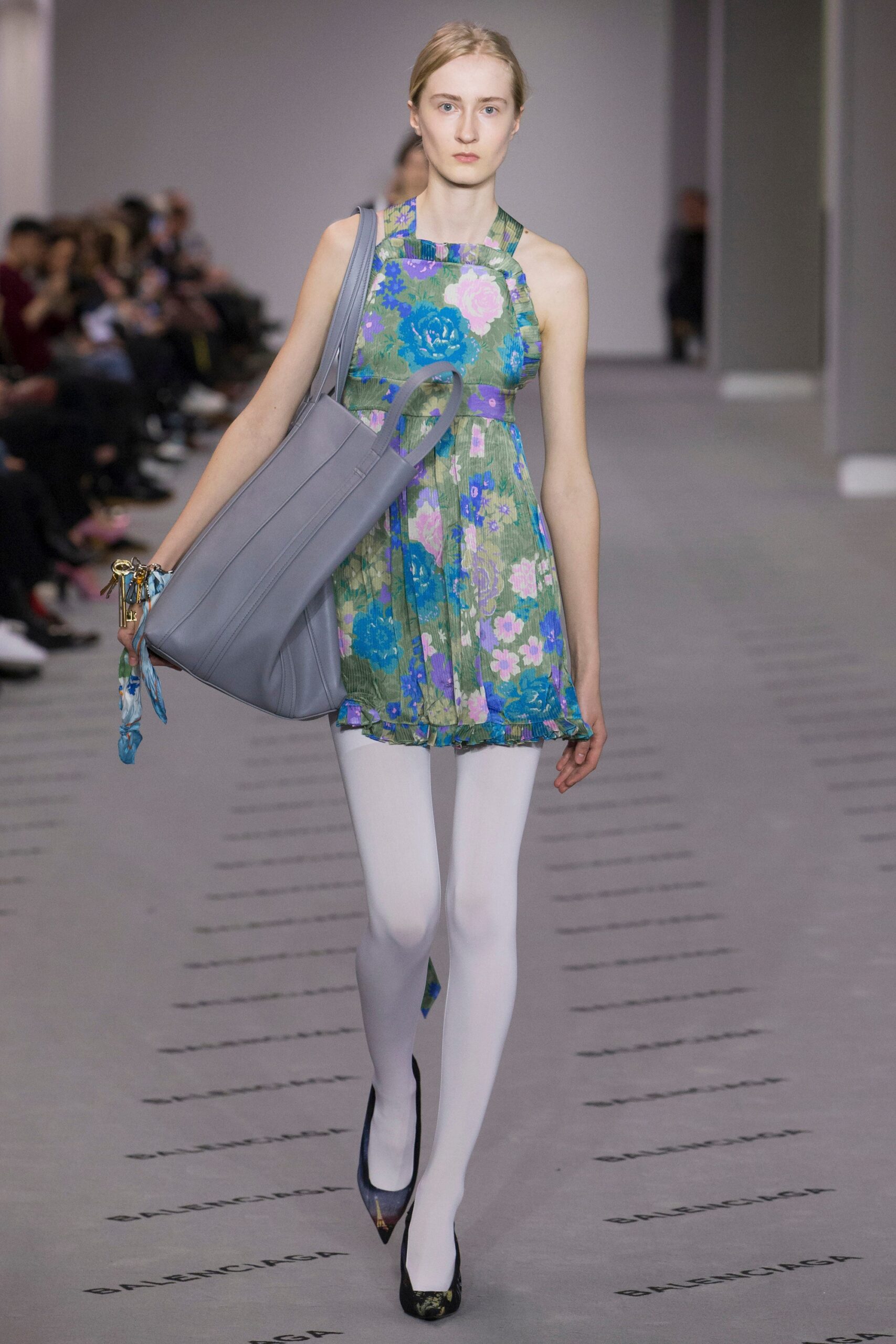 floral mini dress with gray bag