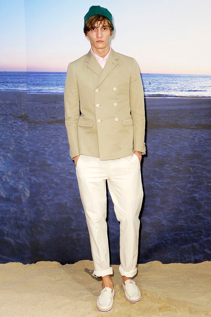 beige tailored blazer with white pants